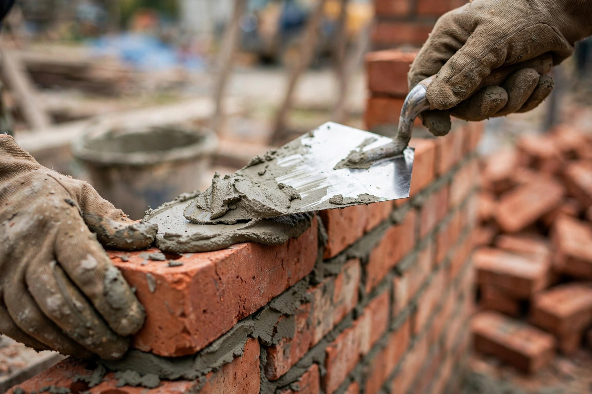 Bricklayer spreading mortar on a brick veneer wall