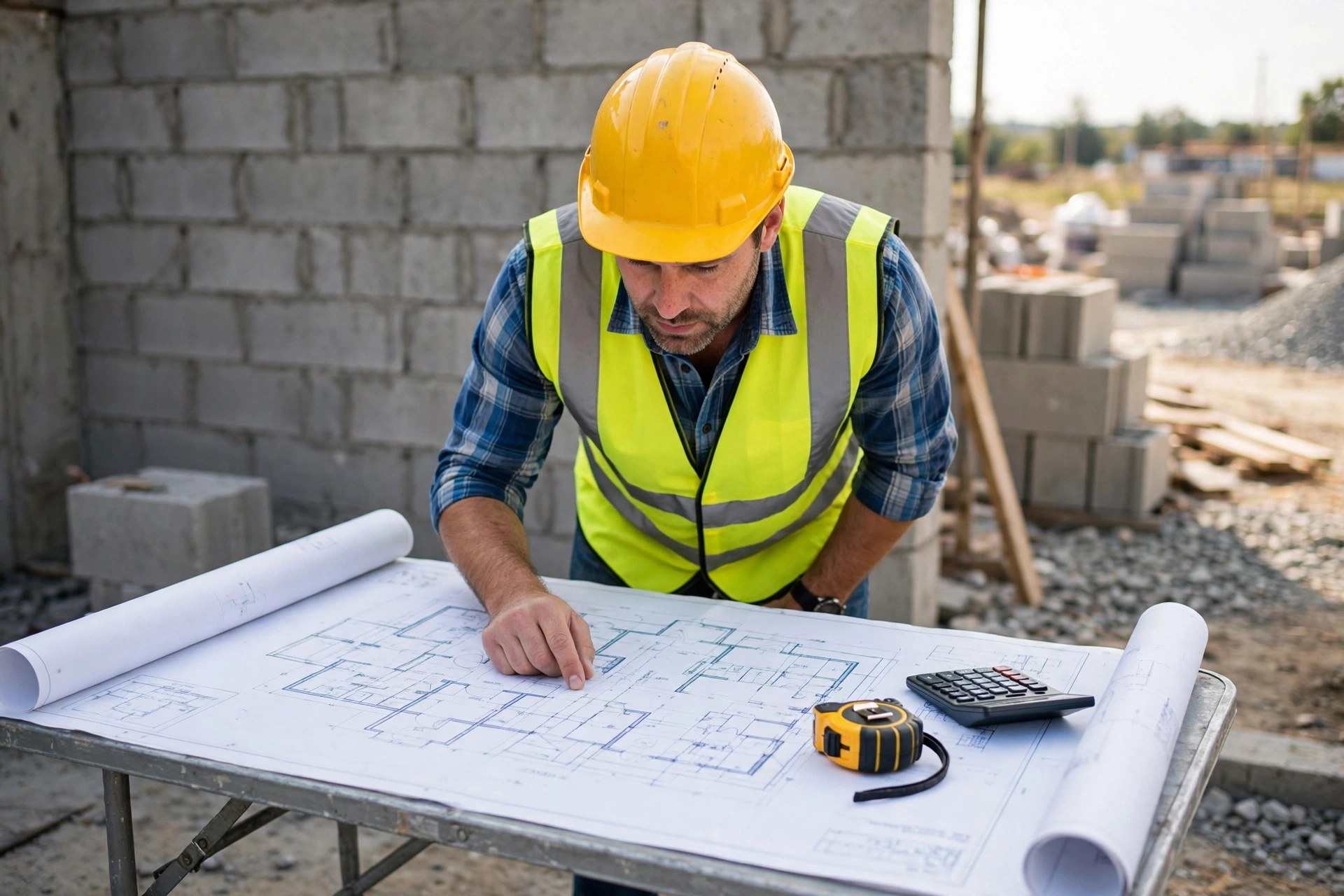 Construction estimator reviewing blueprints at a masonry jobsite