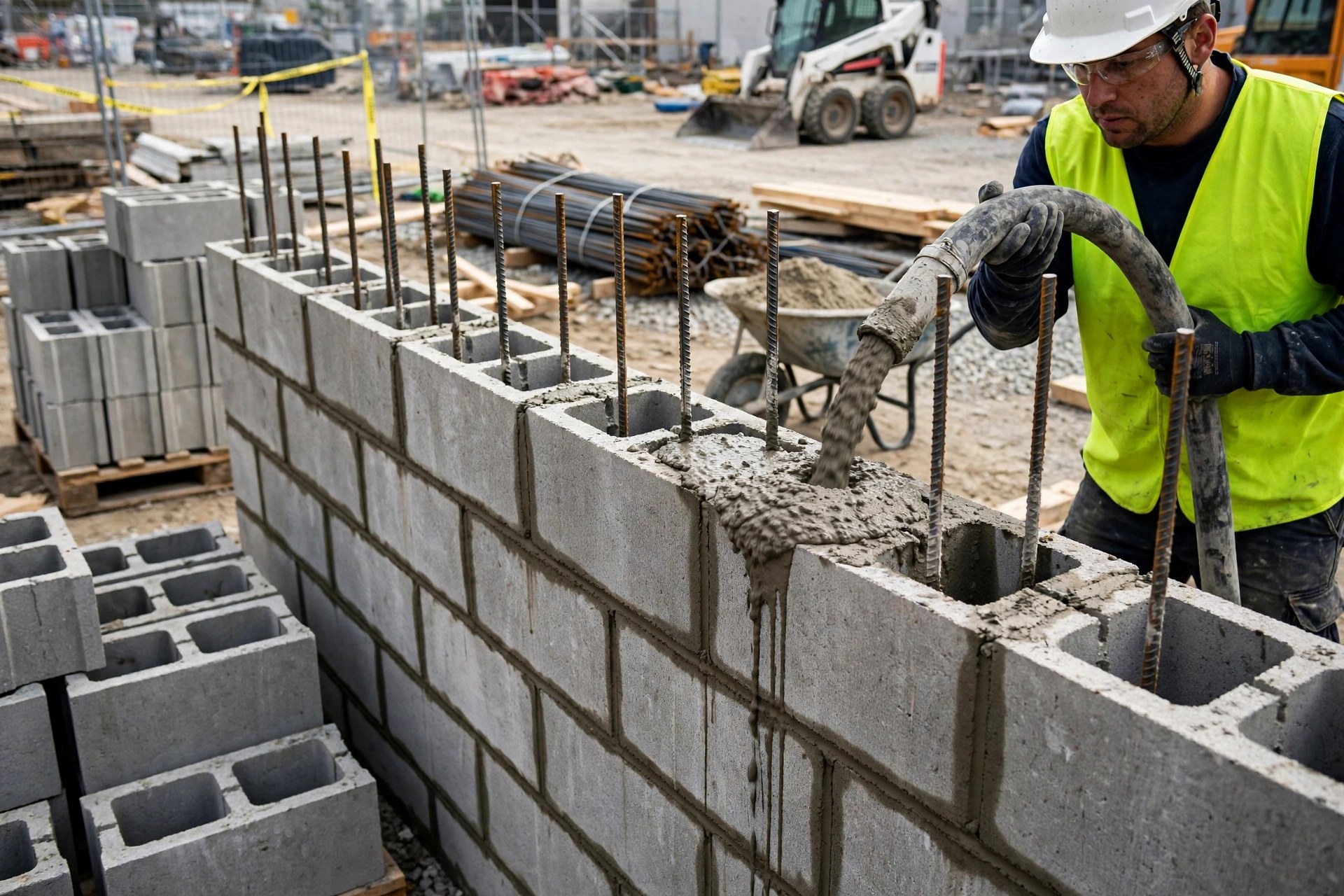 Worker pouring grout into reinforced concrete block wall cells