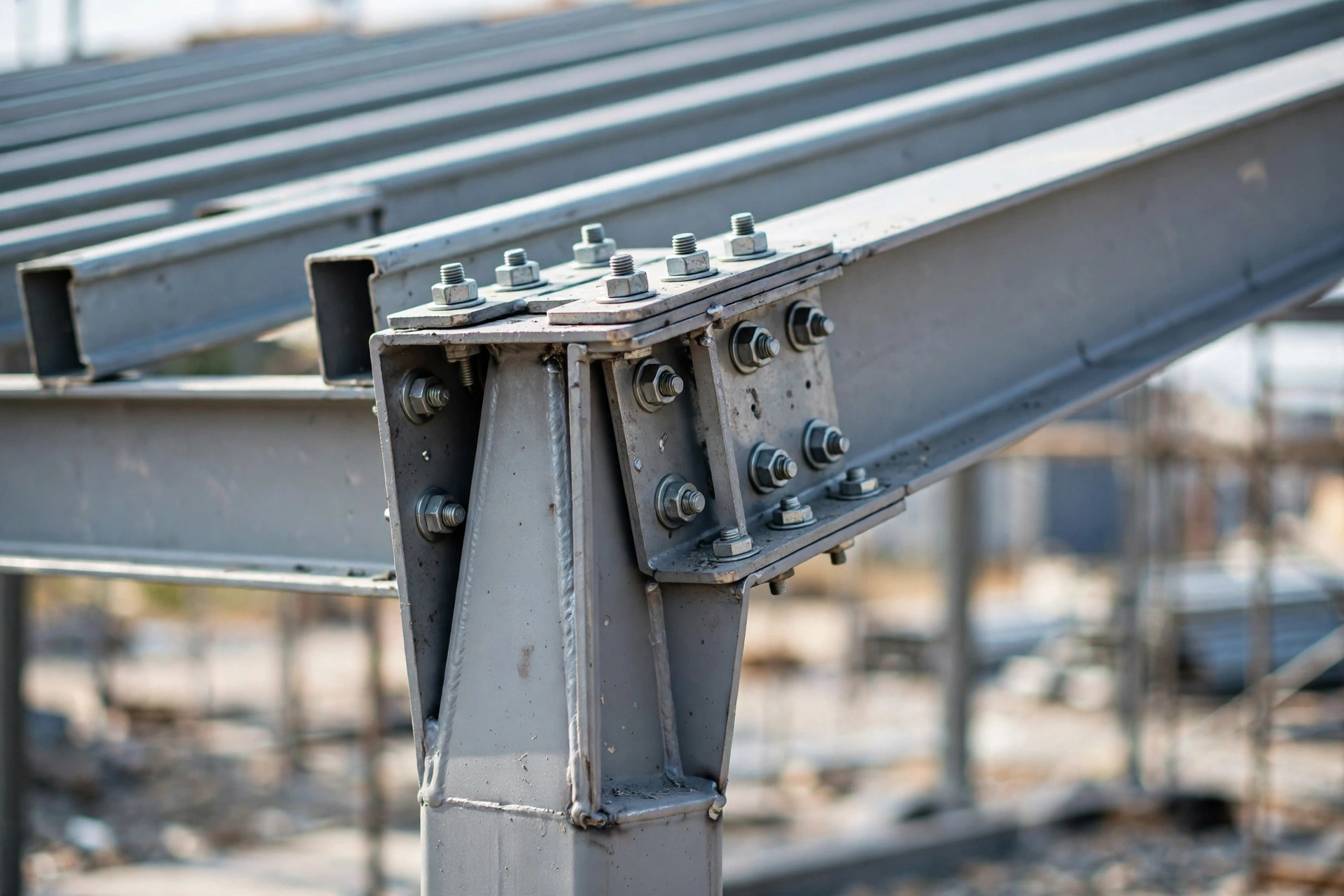 Construction crew erecting tapered steel rigid frames of a pre-engineered metal building with a mobile crane on site