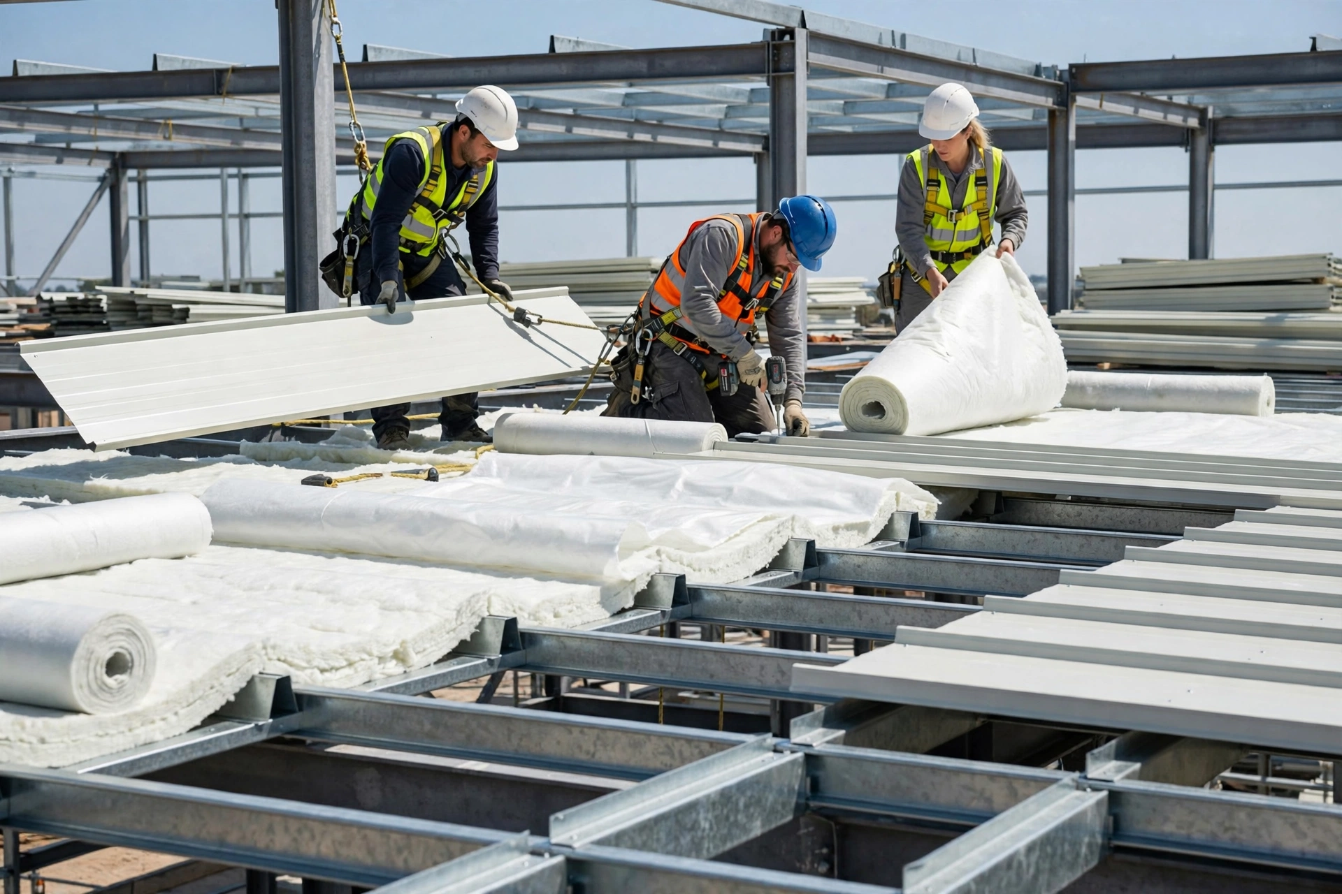 Workers installing metal roof panels over fiberglass insulation blankets on purlins of a steel building under construction