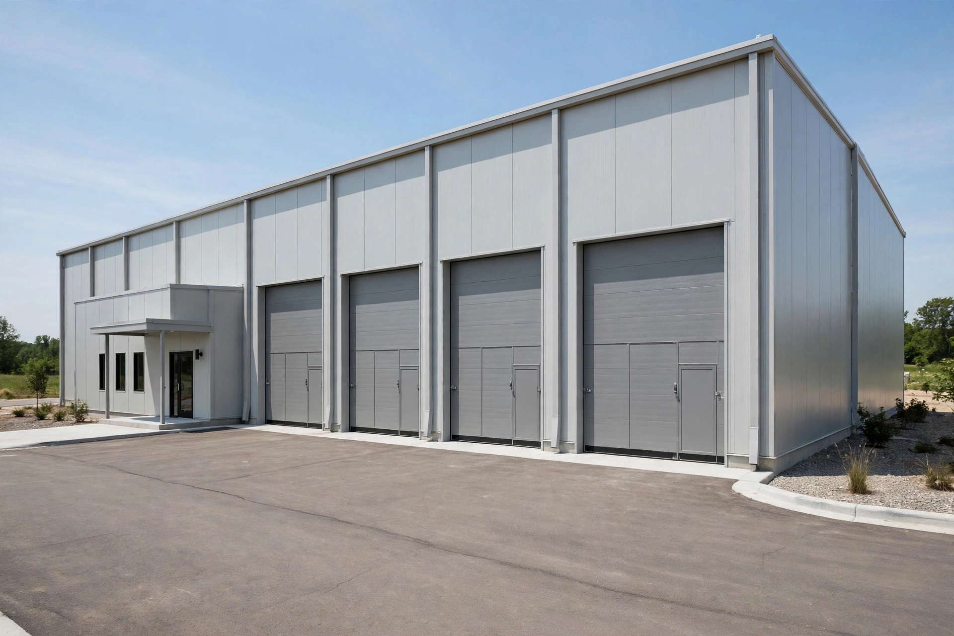 Completed pre-engineered metal warehouse building with dock doors and metal wall panels photographed in daylight