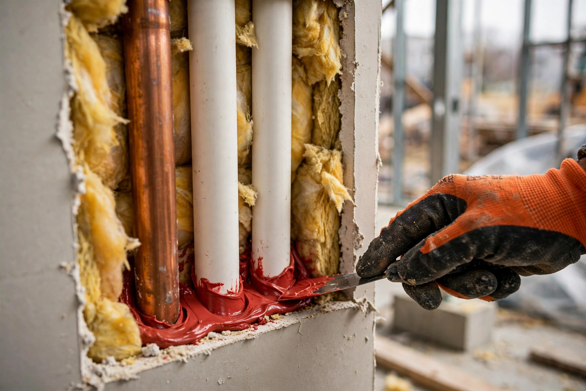 Worker applying red firestop sealant around steel pipe penetrations in a concrete block wall on a commercial jobsite