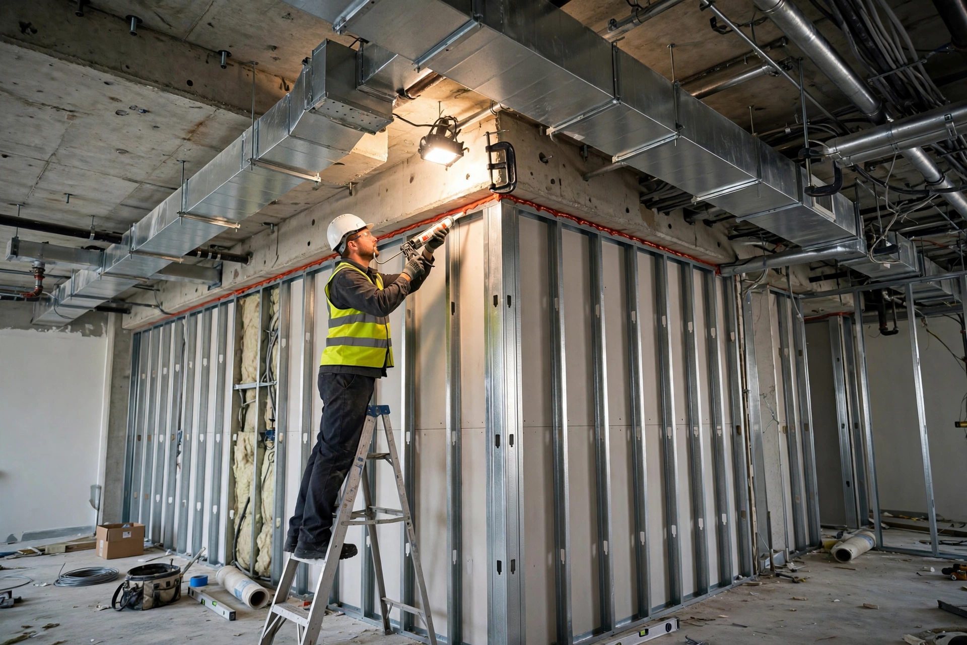 Worker installing firestop sealant along the head-of-wall joint between a drywall partition and the concrete deck above