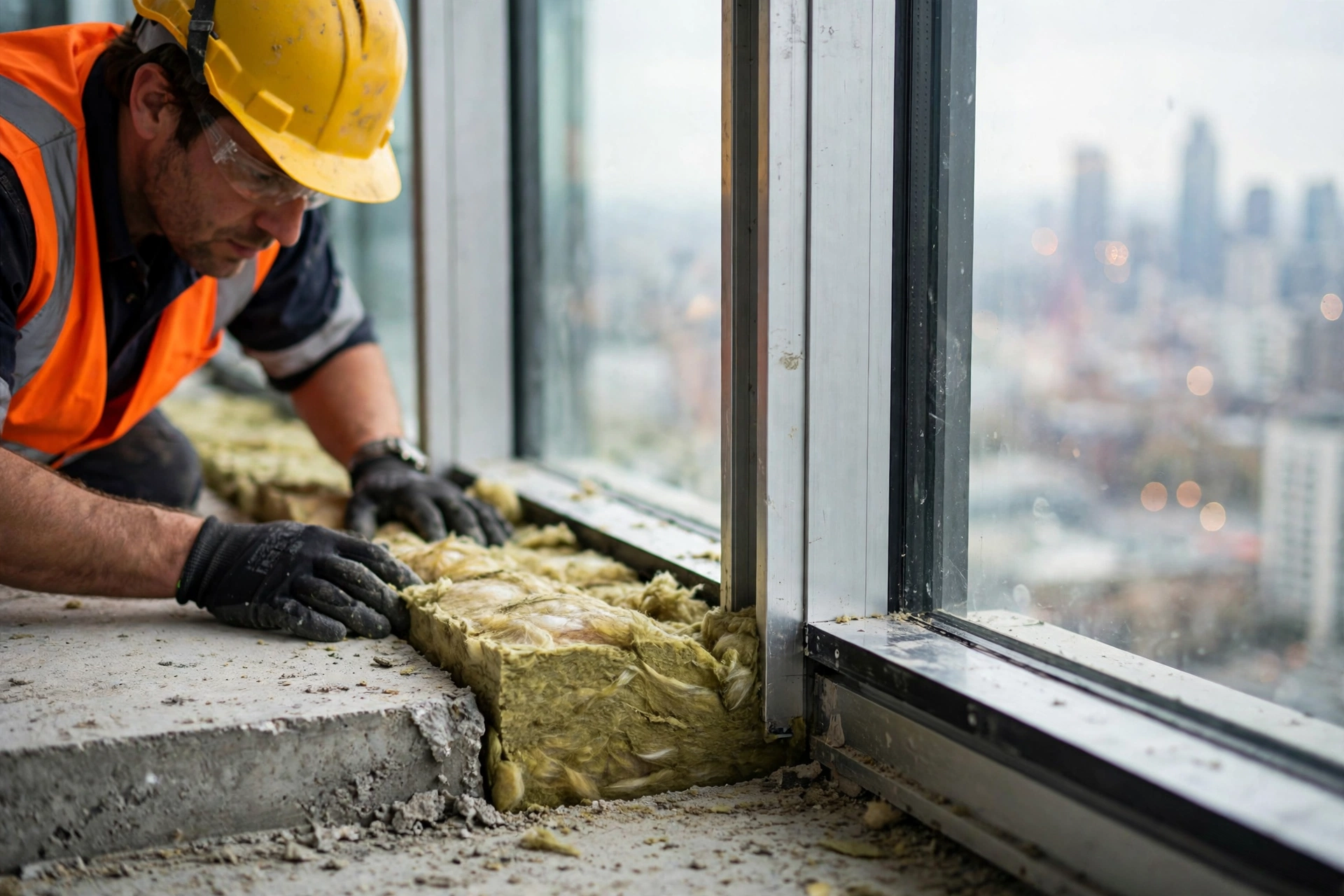 Mineral wool safing insulation being installed in the perimeter gap between a concrete slab edge and a glass curtain wall