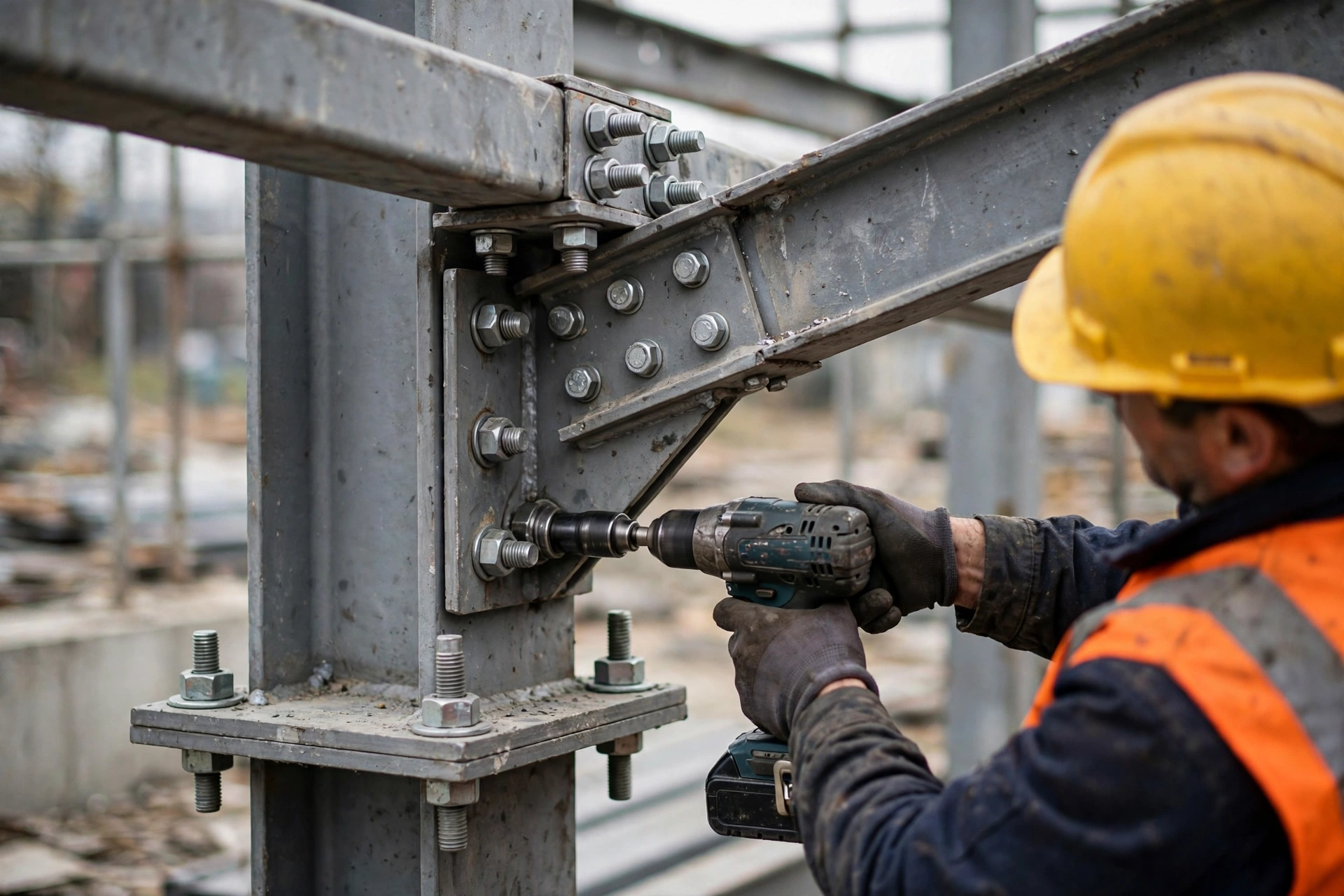 Structural steel beam connection with gusset plates and high-strength bolts
