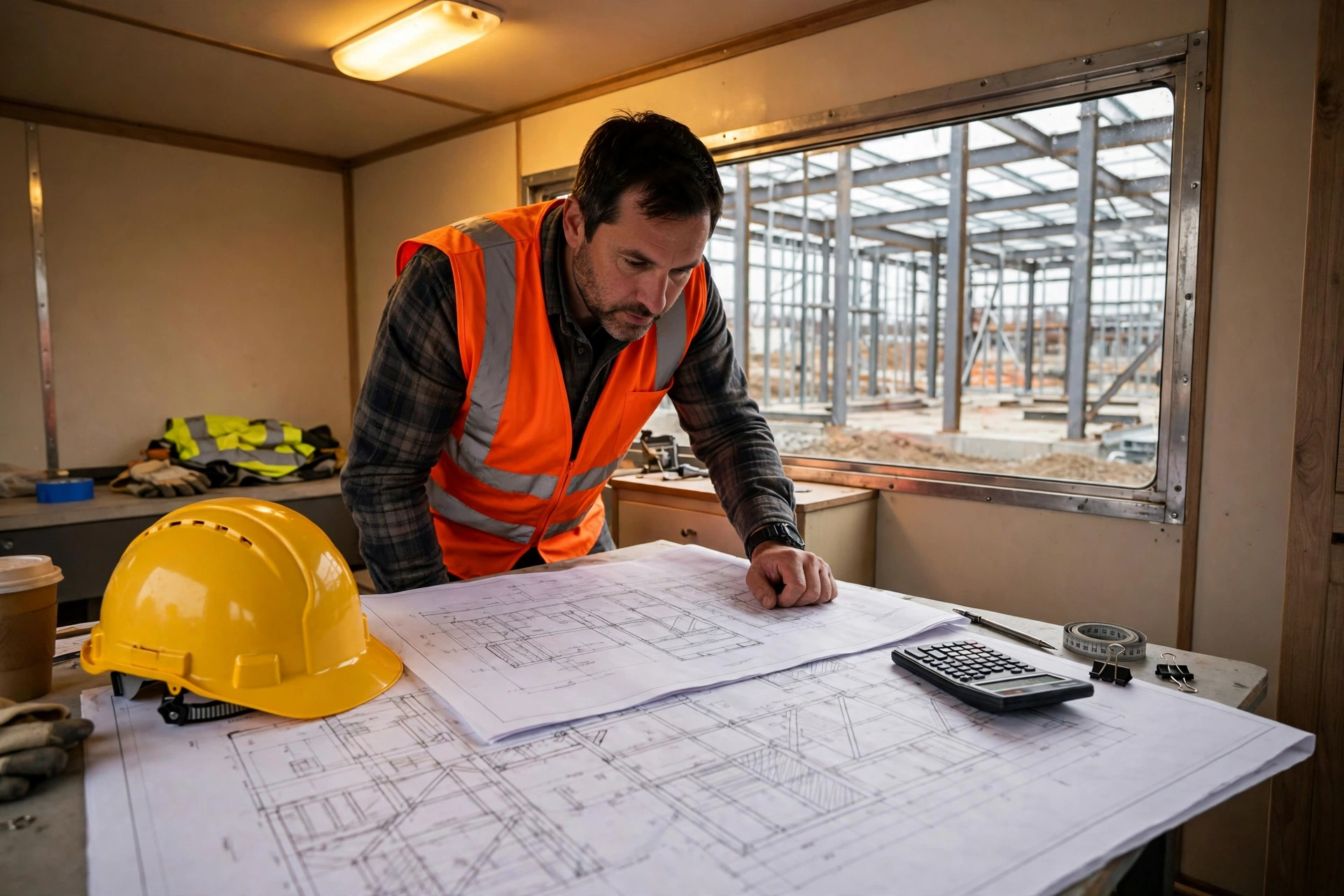 Estimator reviewing structural steel plans and connection details on a jobsite