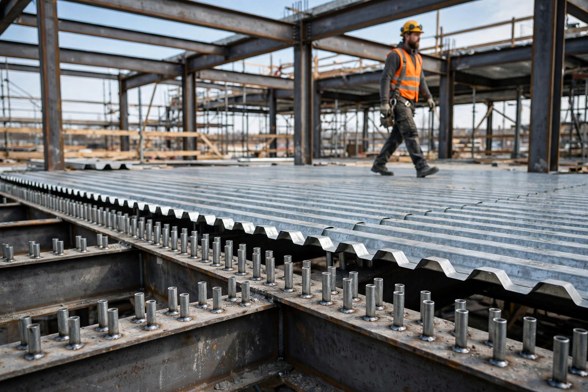 Corrugated metal deck with welded shear studs for composite construction