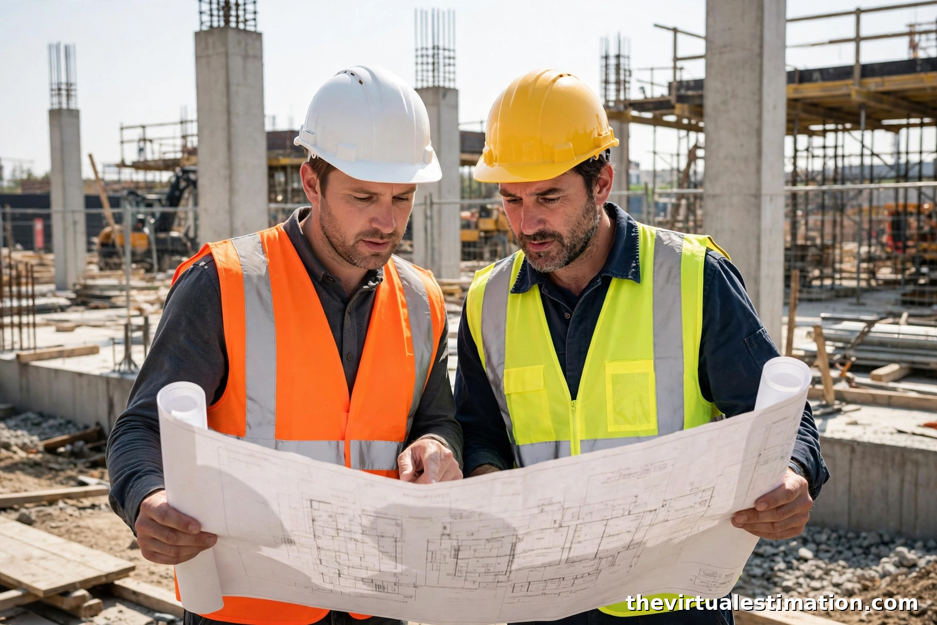 Site superintendent reviewing blueprints with foreman on a commercial construction site