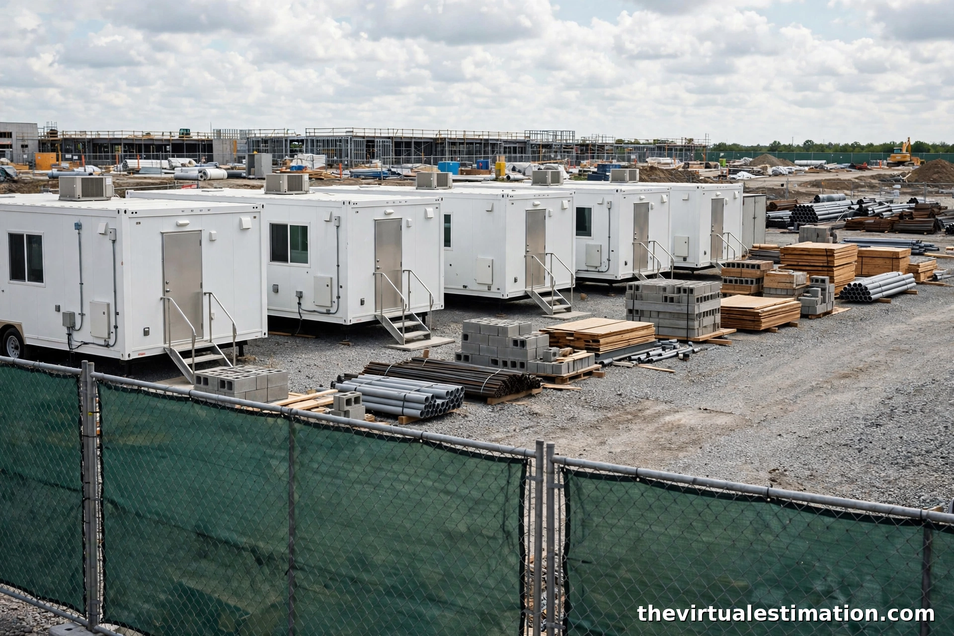 Jobsite office trailers with temporary fencing on a commercial construction site