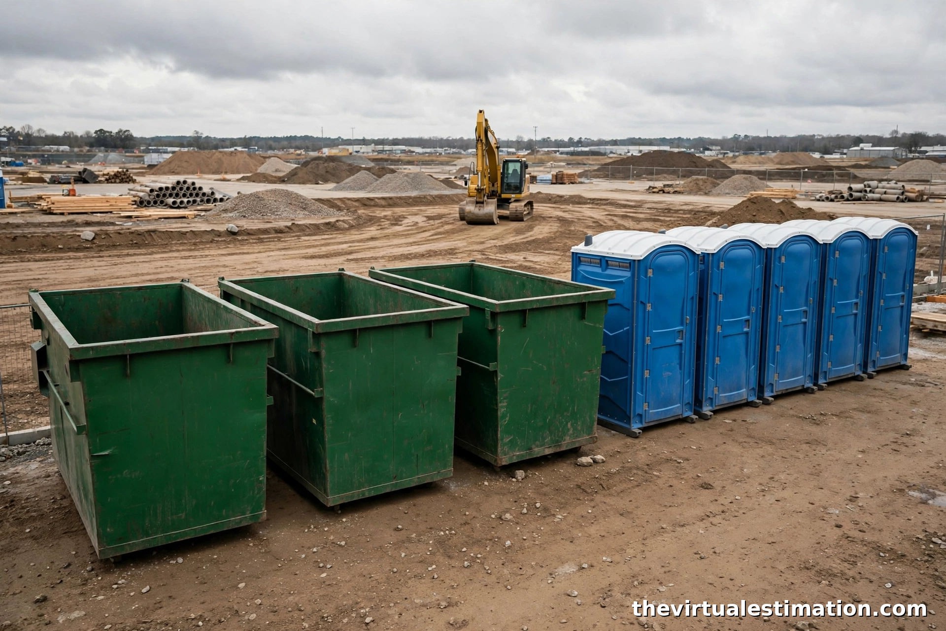 Roll-off dumpsters and portable toilets on a commercial construction site
