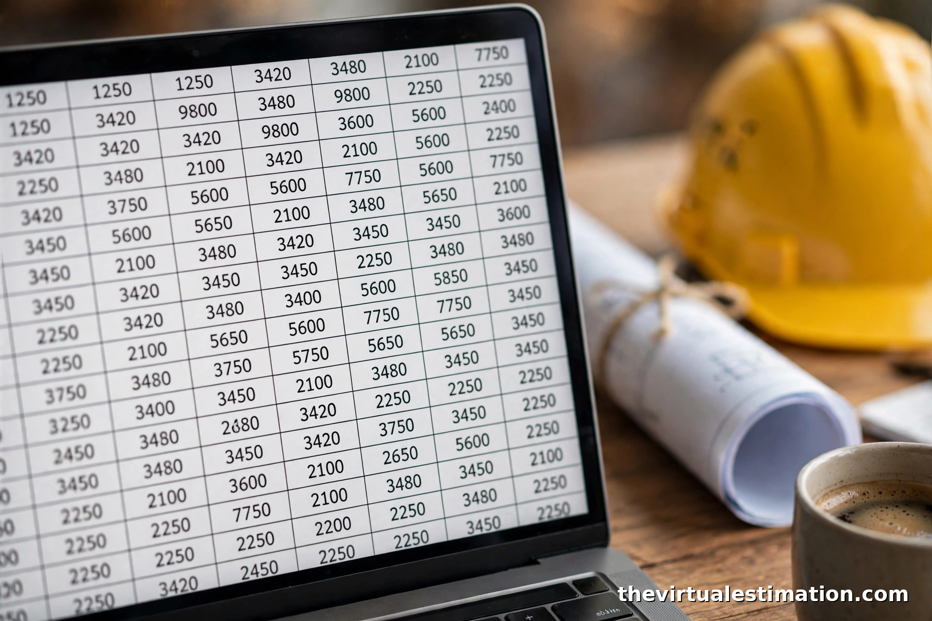 Construction estimator reviewing a detailed cost estimate spreadsheet alongside project blueprints