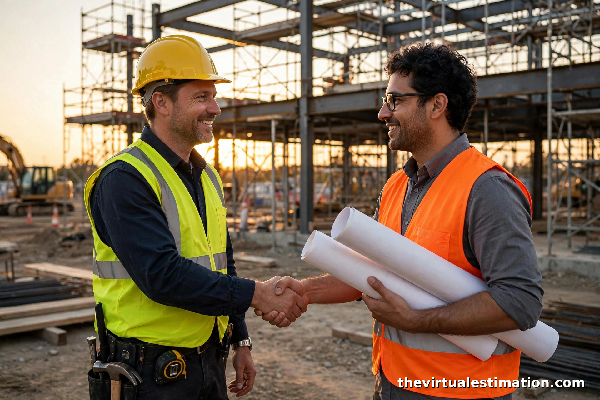 General contractor and estimator shaking hands at an active commercial construction site