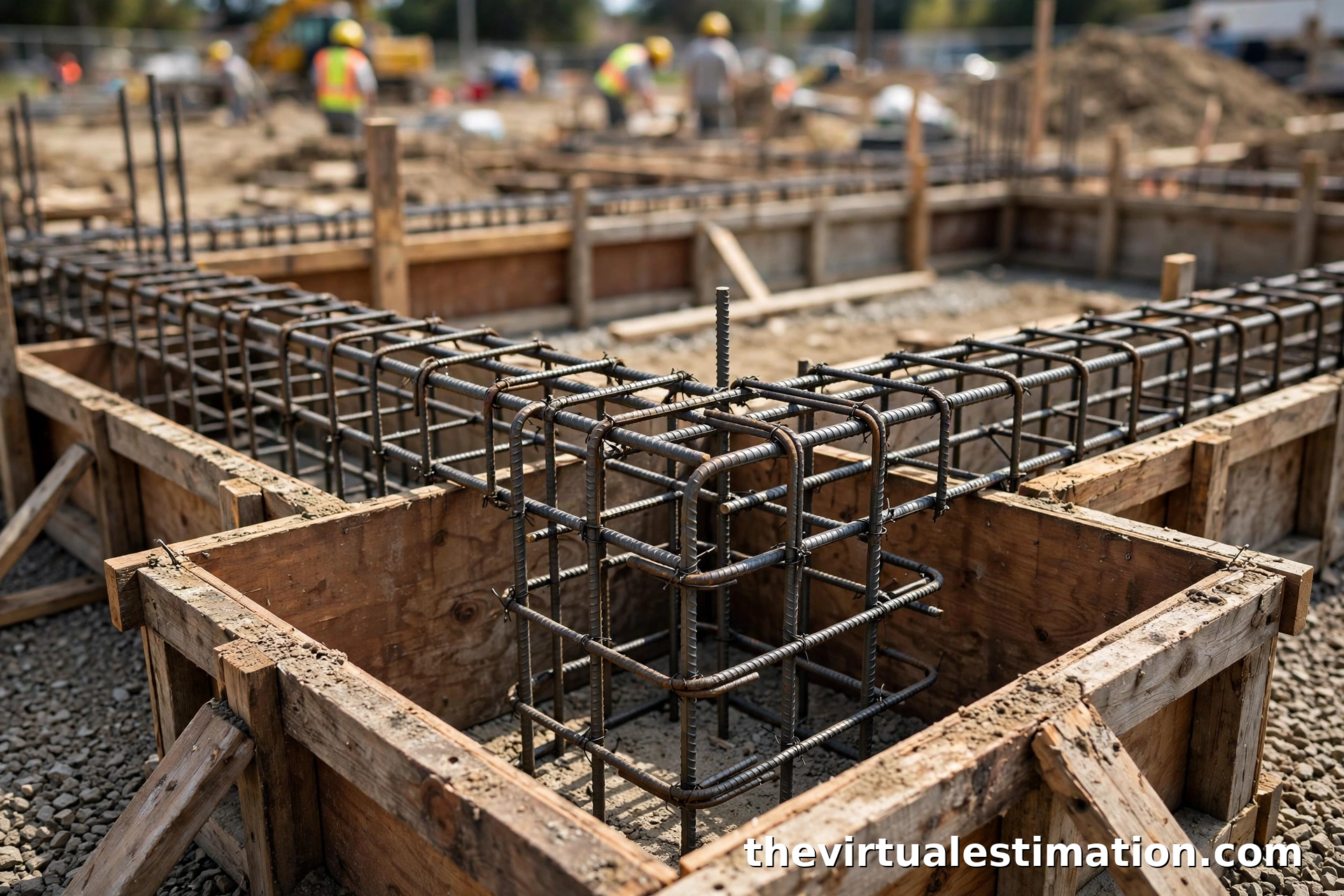 Steel rebar cages for concrete footings and grade beams set inside formwork on a foundation jobsite