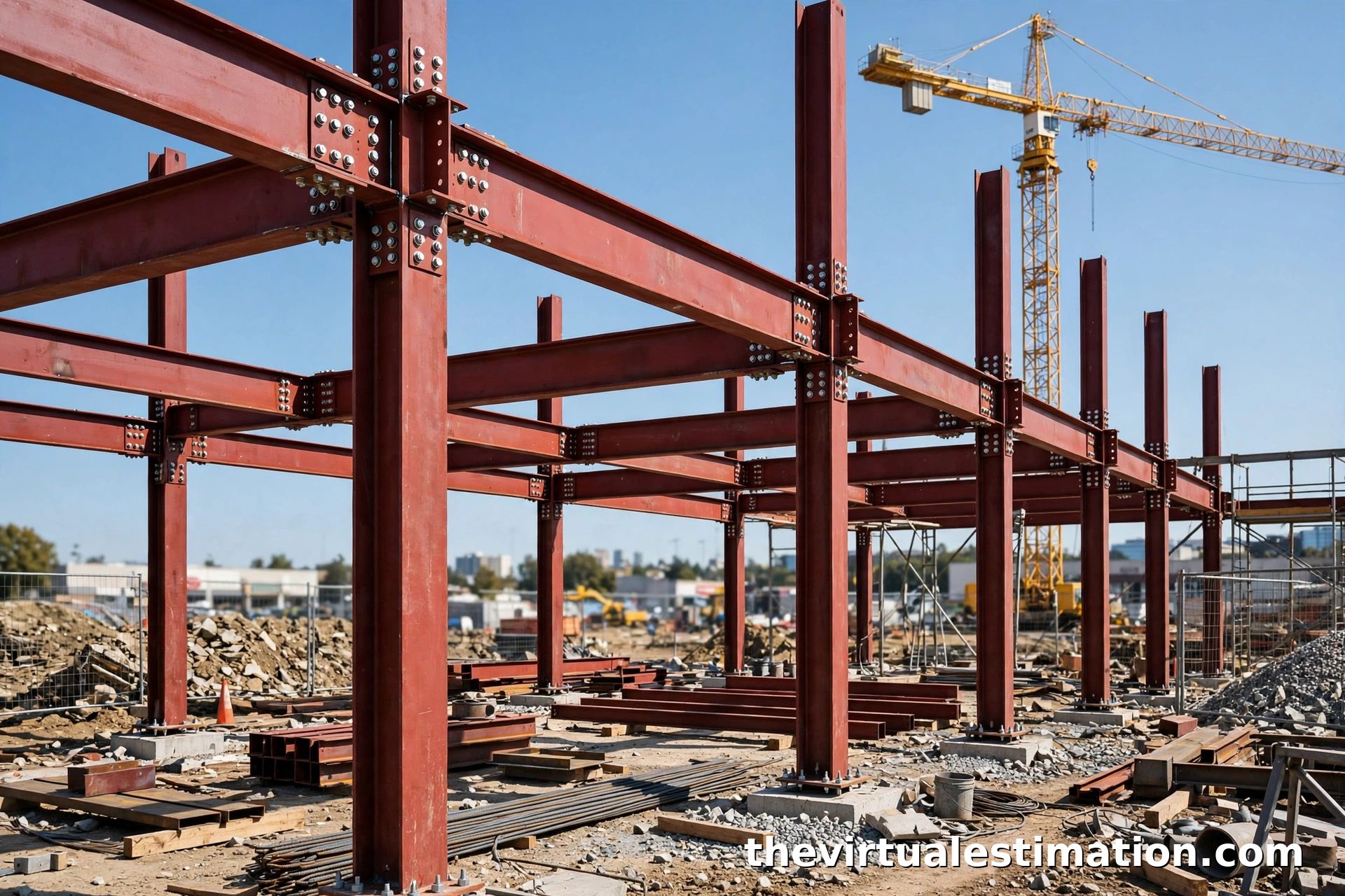 Structural steel beams and columns being erected on a commercial building construction site