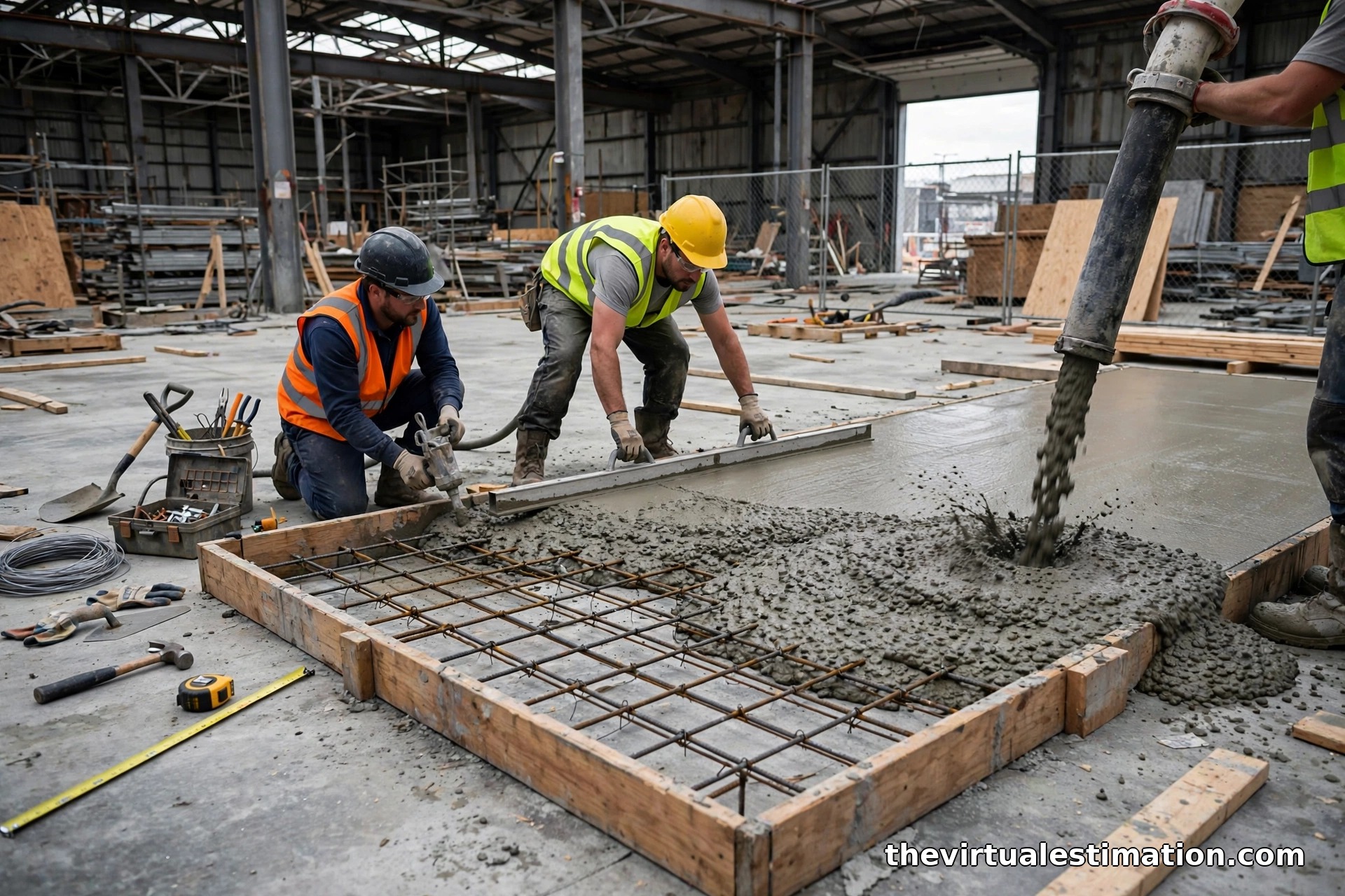 Construction workers casting a tilt-up concrete wall panel flat on a floor slab with steel rebar grid and wooden edge forms