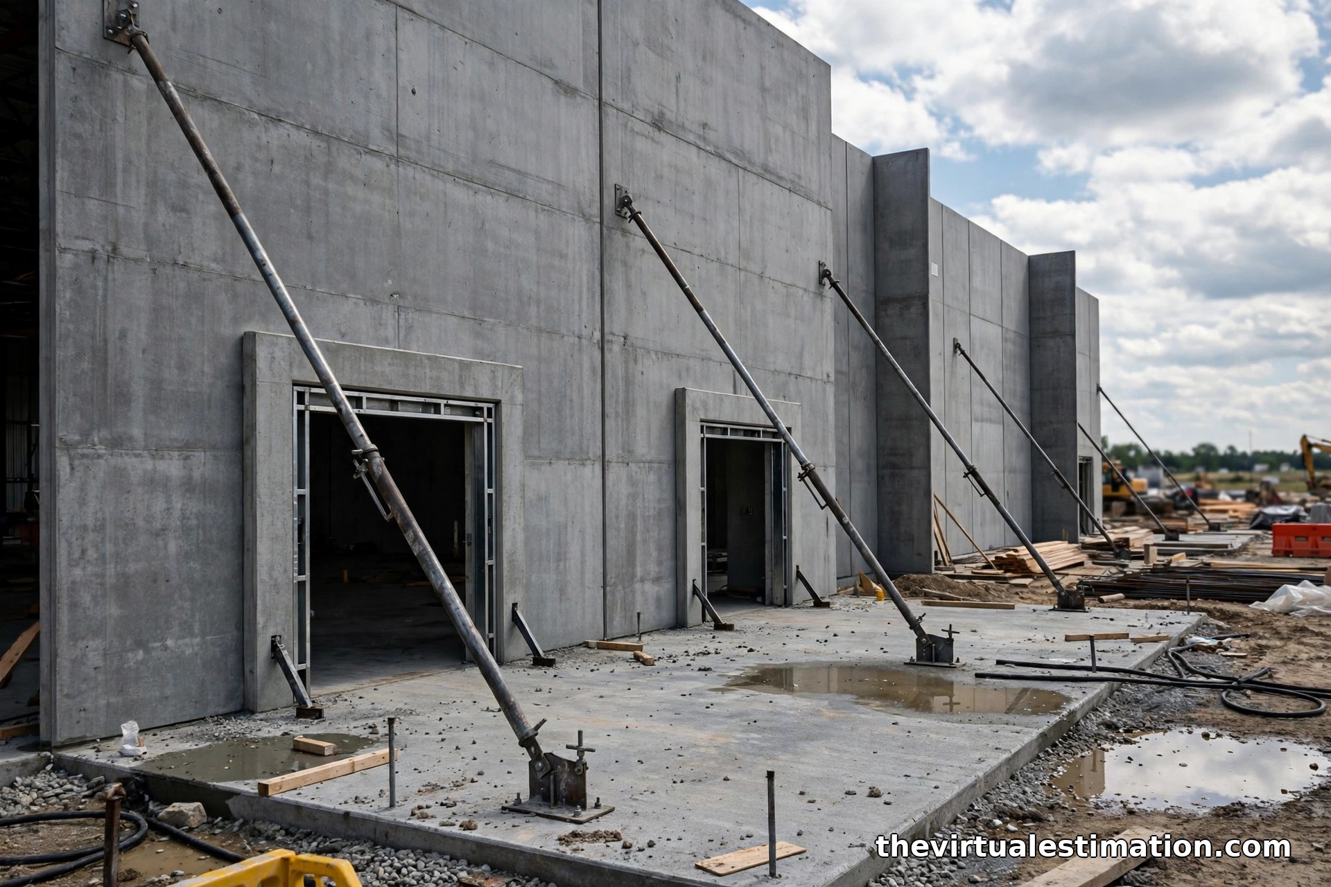 Erected tilt-up concrete wall panels held upright by diagonal steel pipe braces with dock door openings