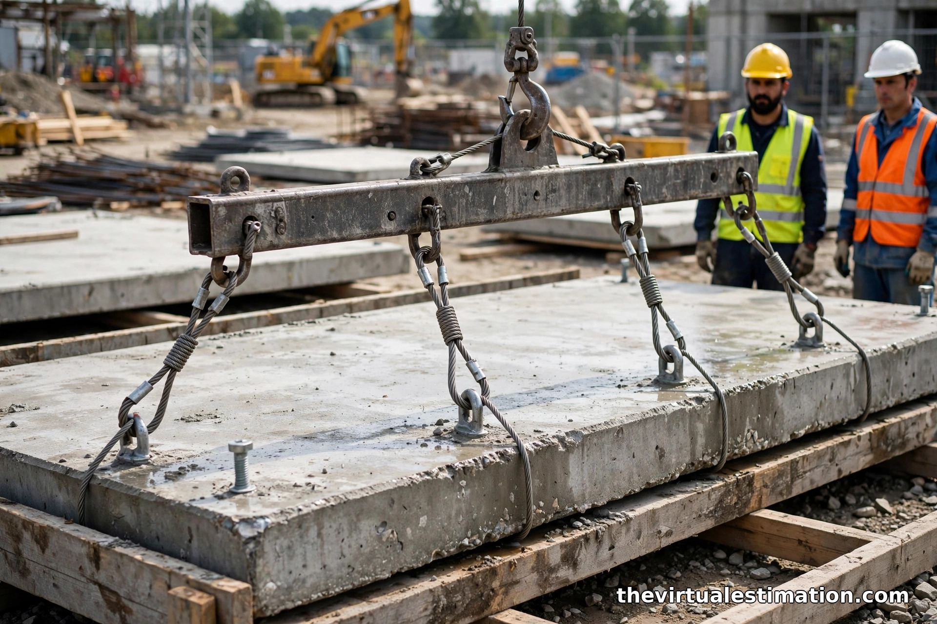 Crane rigging with spreader bar and slings attached to a tilt-up concrete panel lying on a casting bed