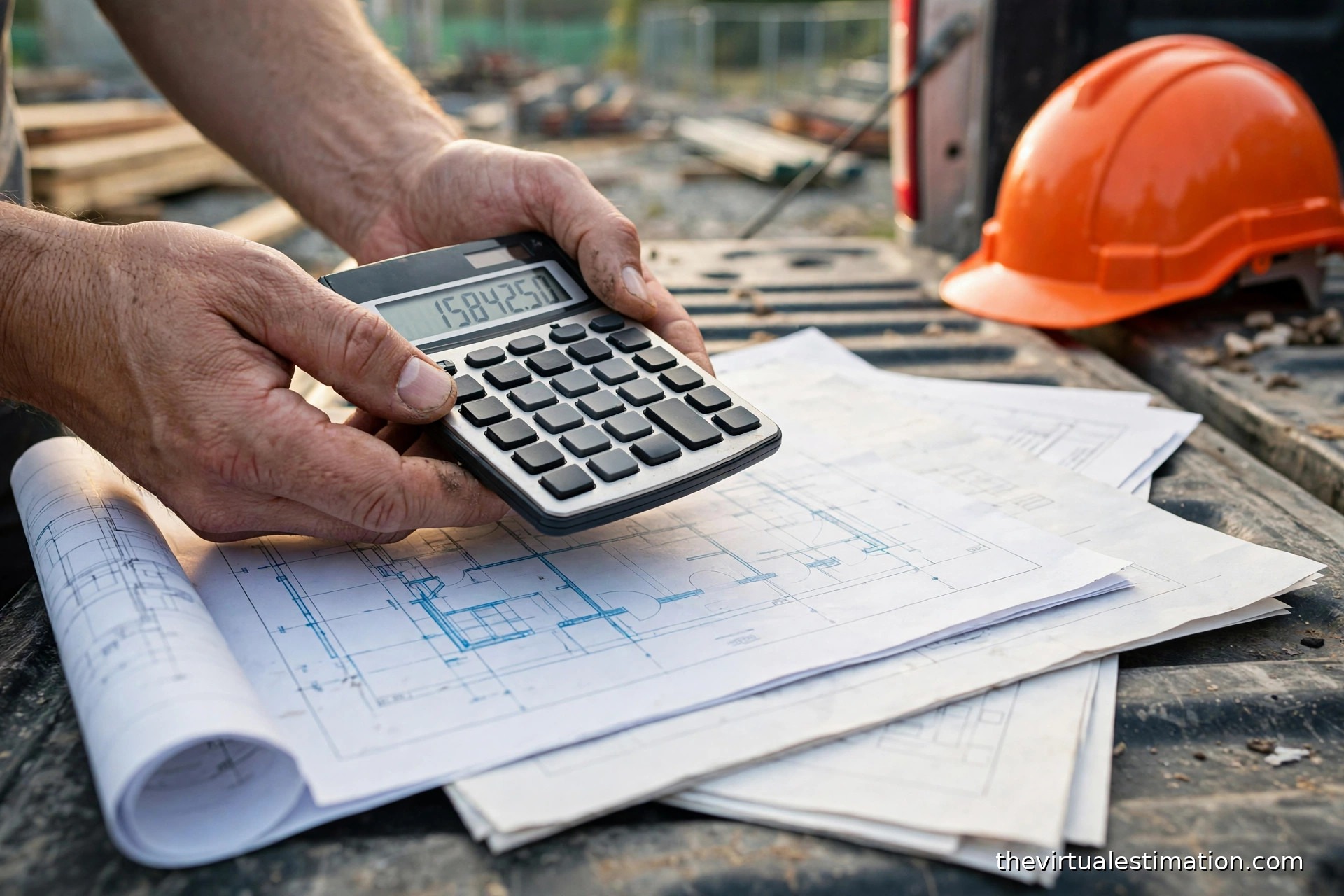 Contractor pricing a bid with a calculator over bid documents on a pickup truck tailgate at a construction site