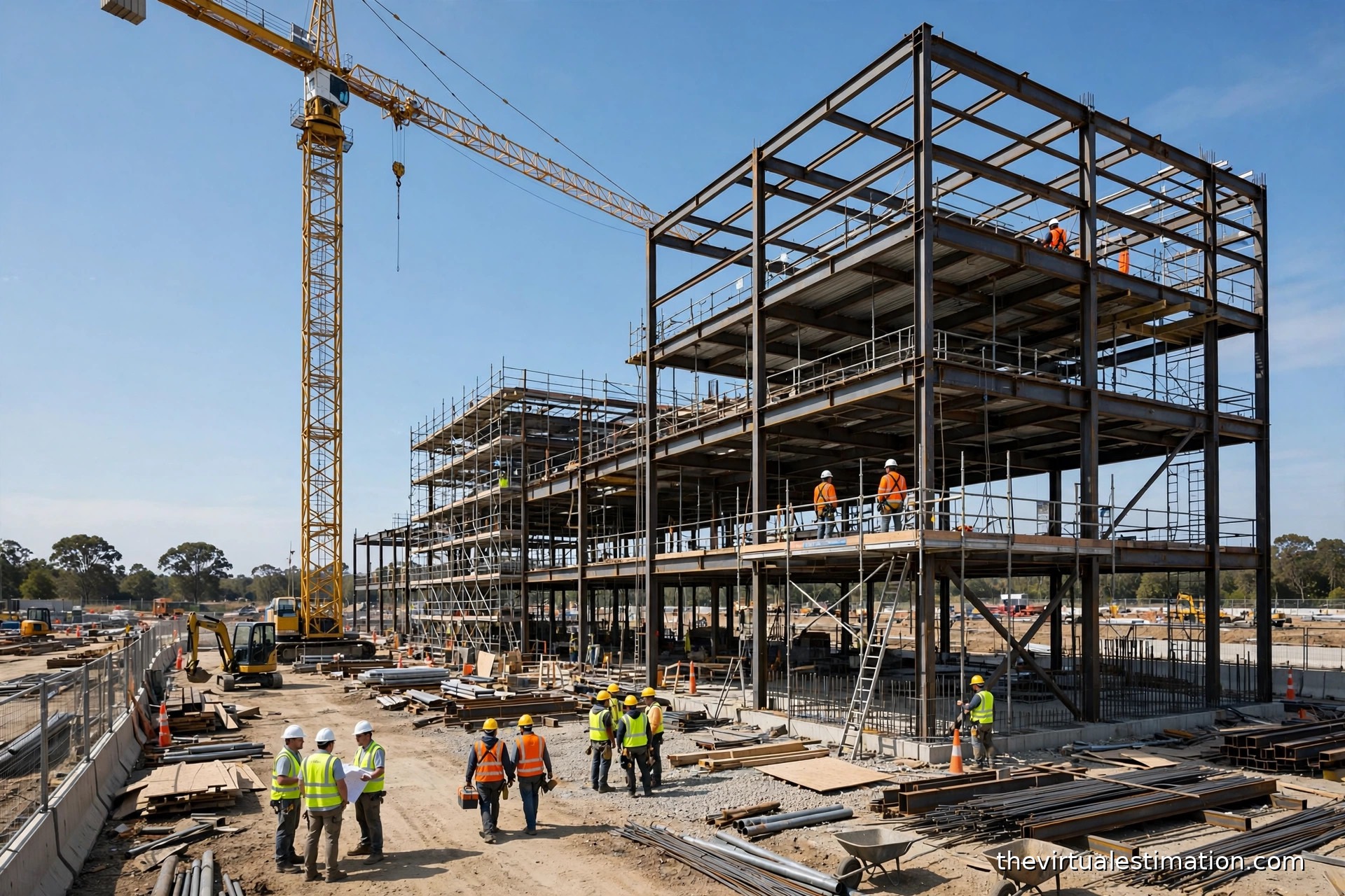 Active commercial construction site with tower crane and steel frame structure representing the project costs behind a bid price