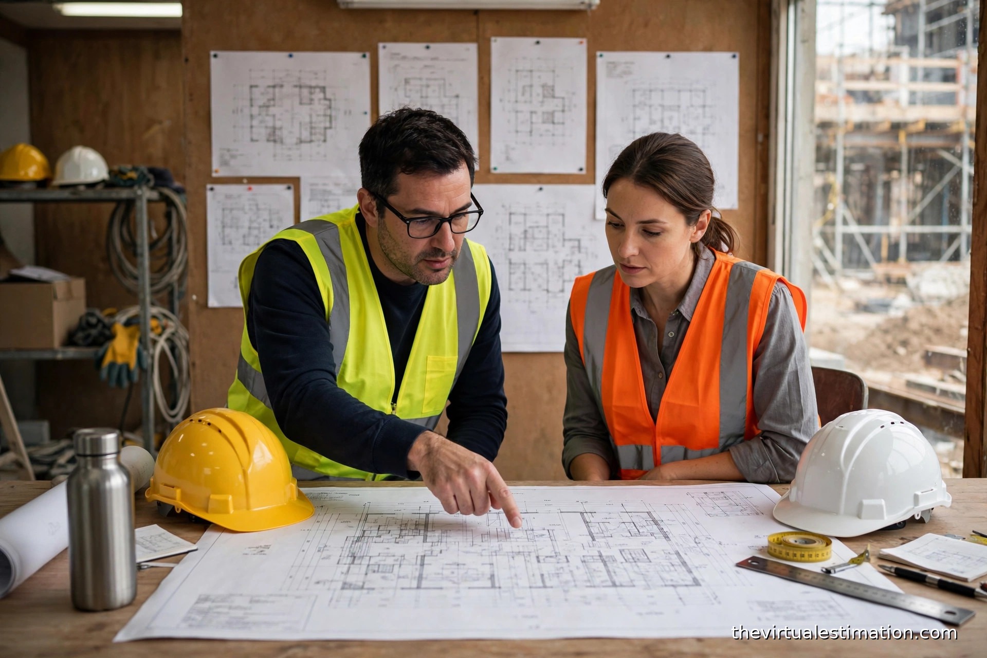 Two construction estimators reviewing a blueprint together in a site office