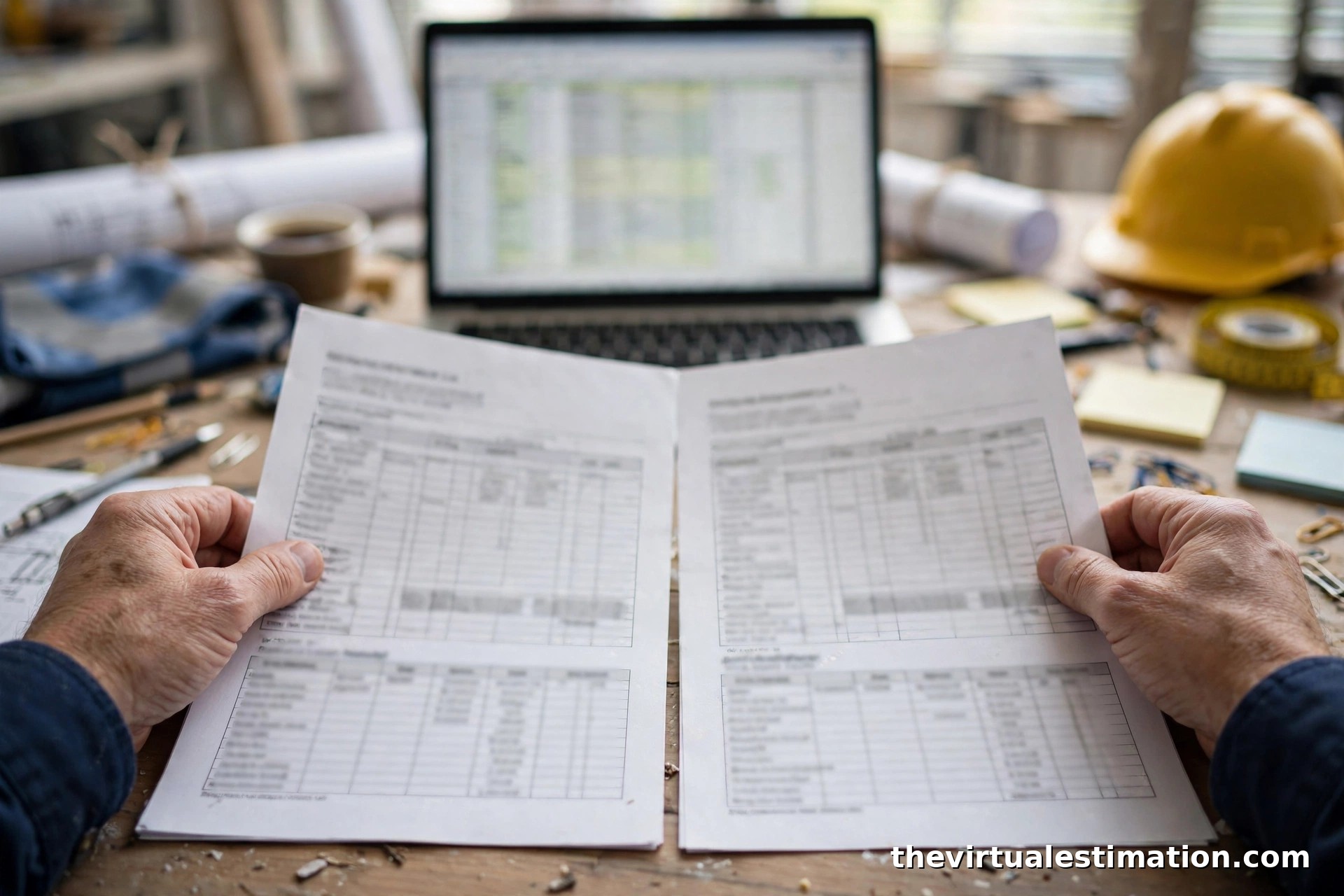 Estimator comparing subcontractor bid proposals side by side on a desk