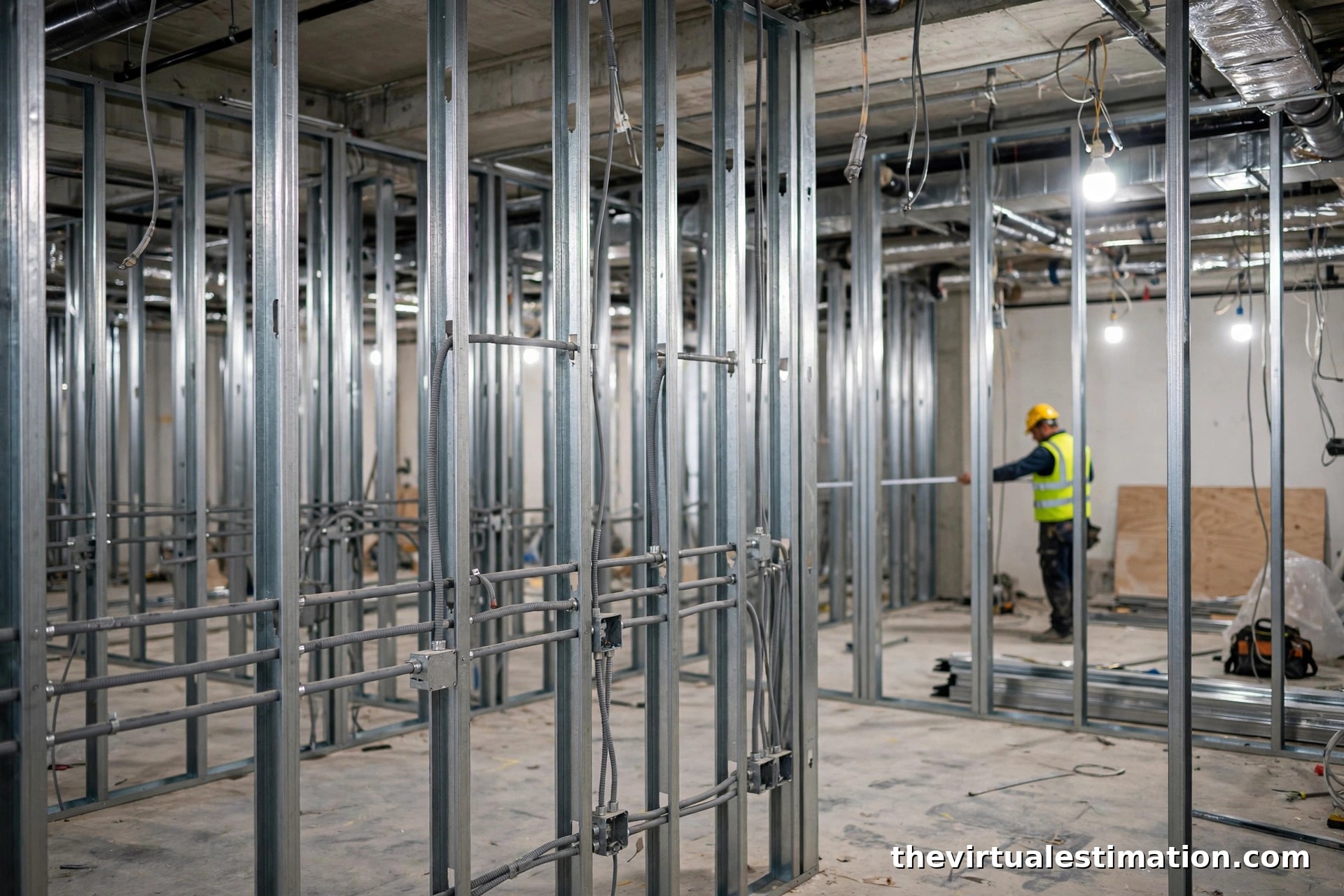 Metal stud framing walls under construction inside a commercial office buildout