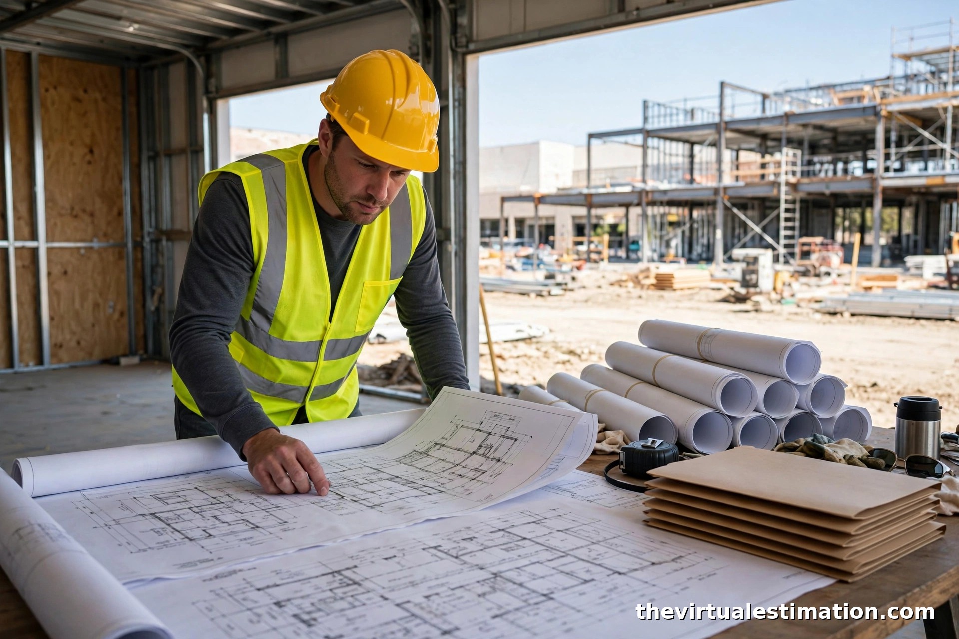 General contractor reviewing construction plans and bid documents at a jobsite office
