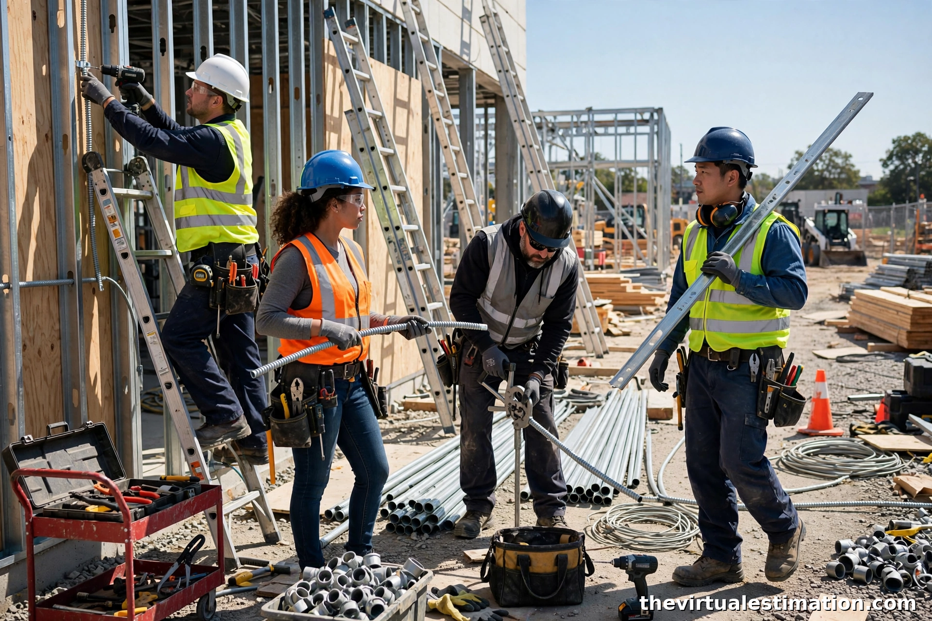 Construction electricians running conduit on a commercial jobsite