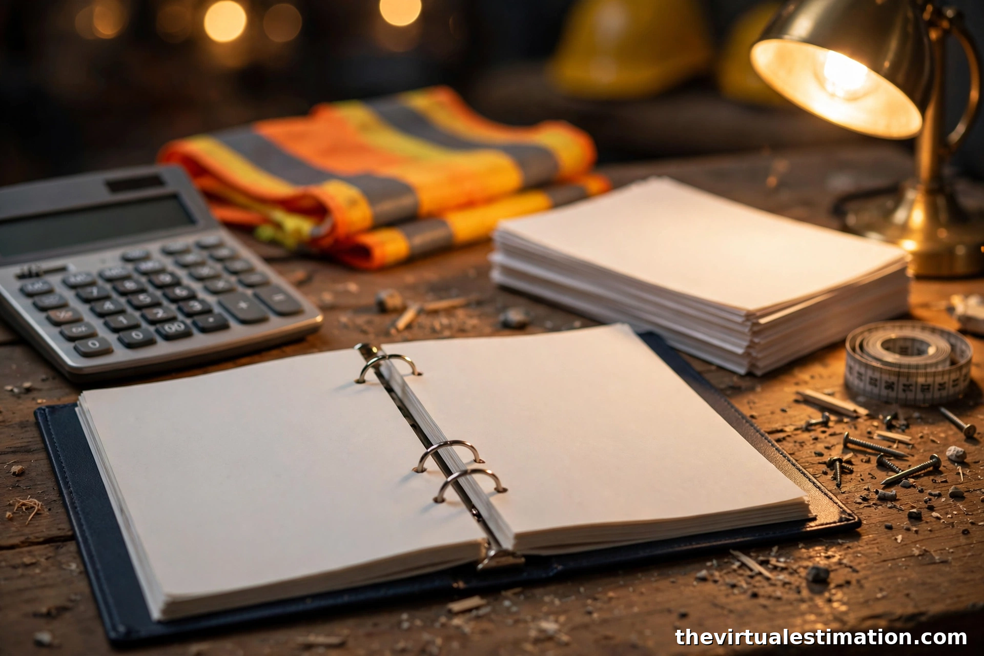 Calculator, timesheets, and payroll records on a construction office desk