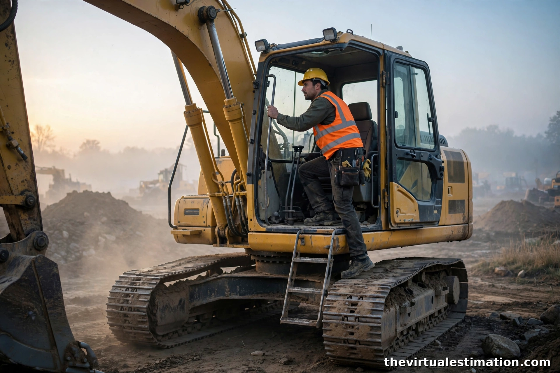 Heavy equipment operator climbing into an excavator cab at dawn on an earthwork site