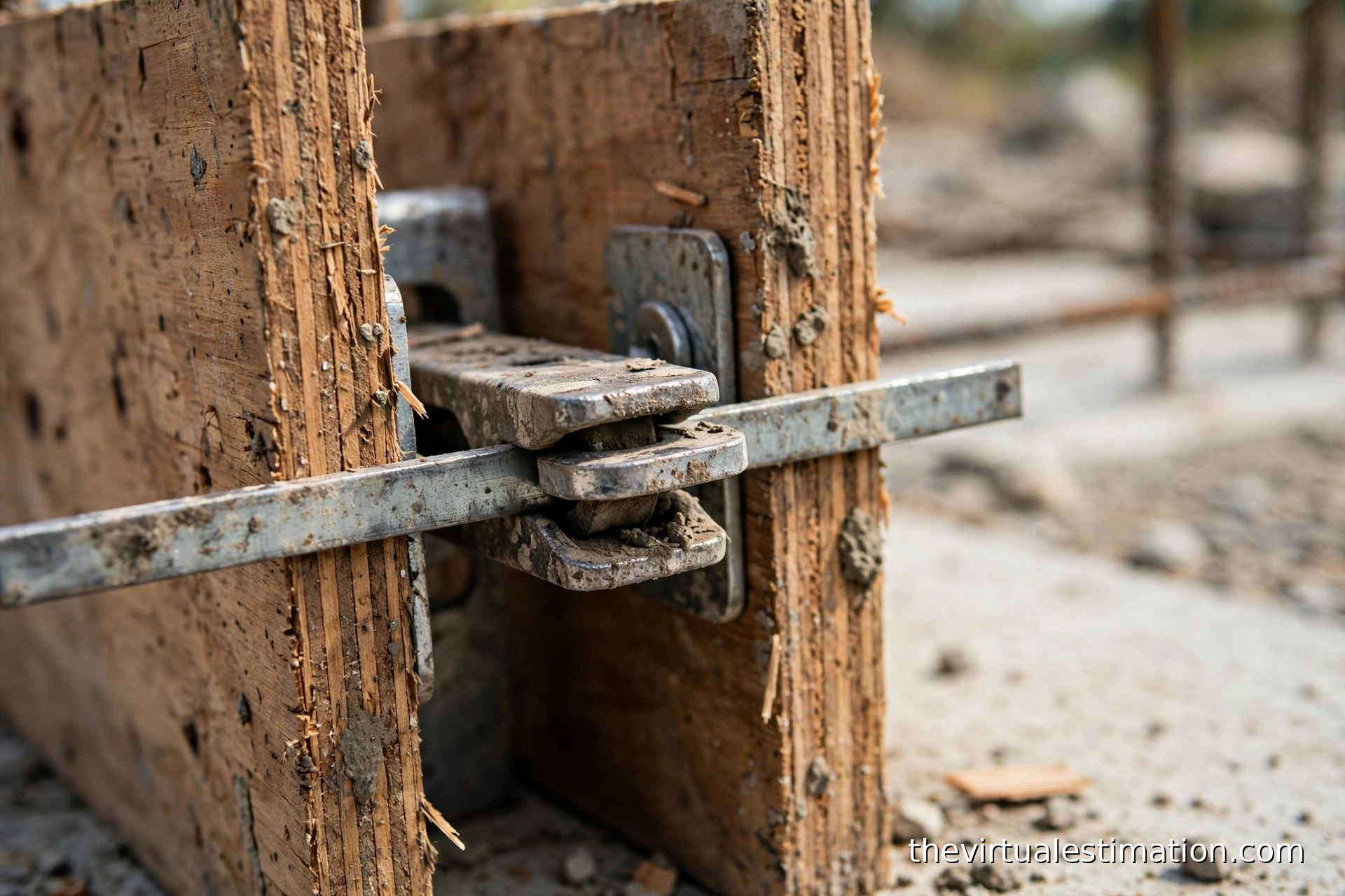 Close-up of steel snap ties and formwork hardware on plywood wall forms