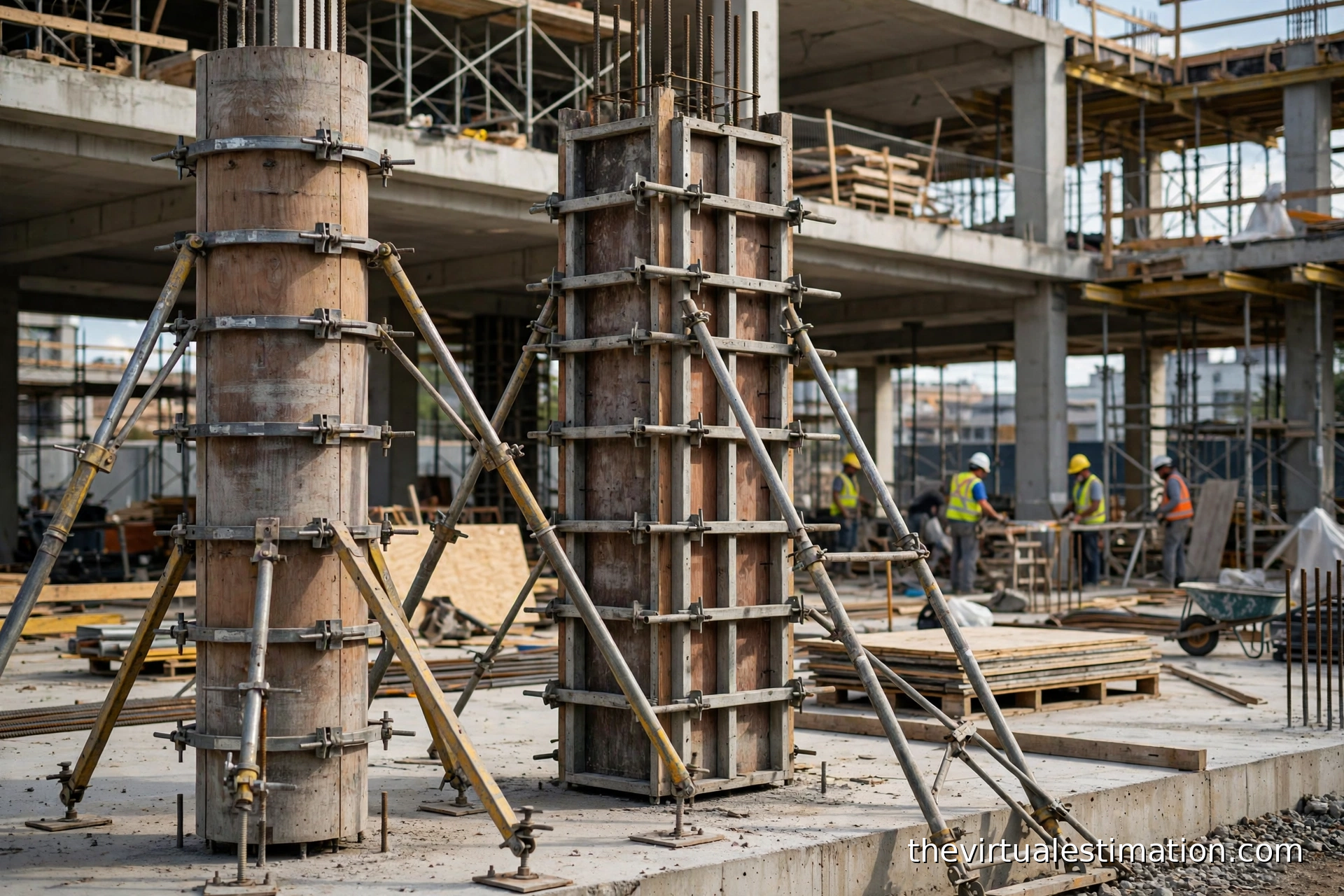 Braced column formwork standing on a commercial concrete building frame