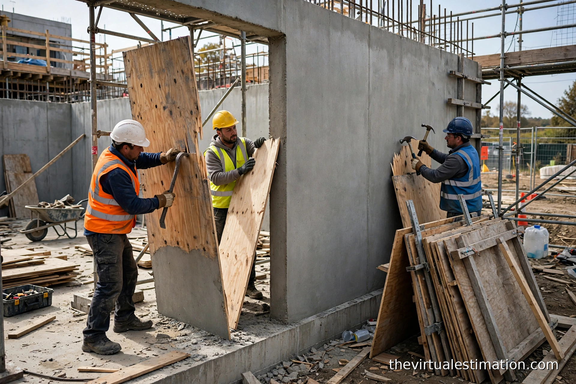 Carpenters stripping plywood forms from a cured concrete wall after the pour