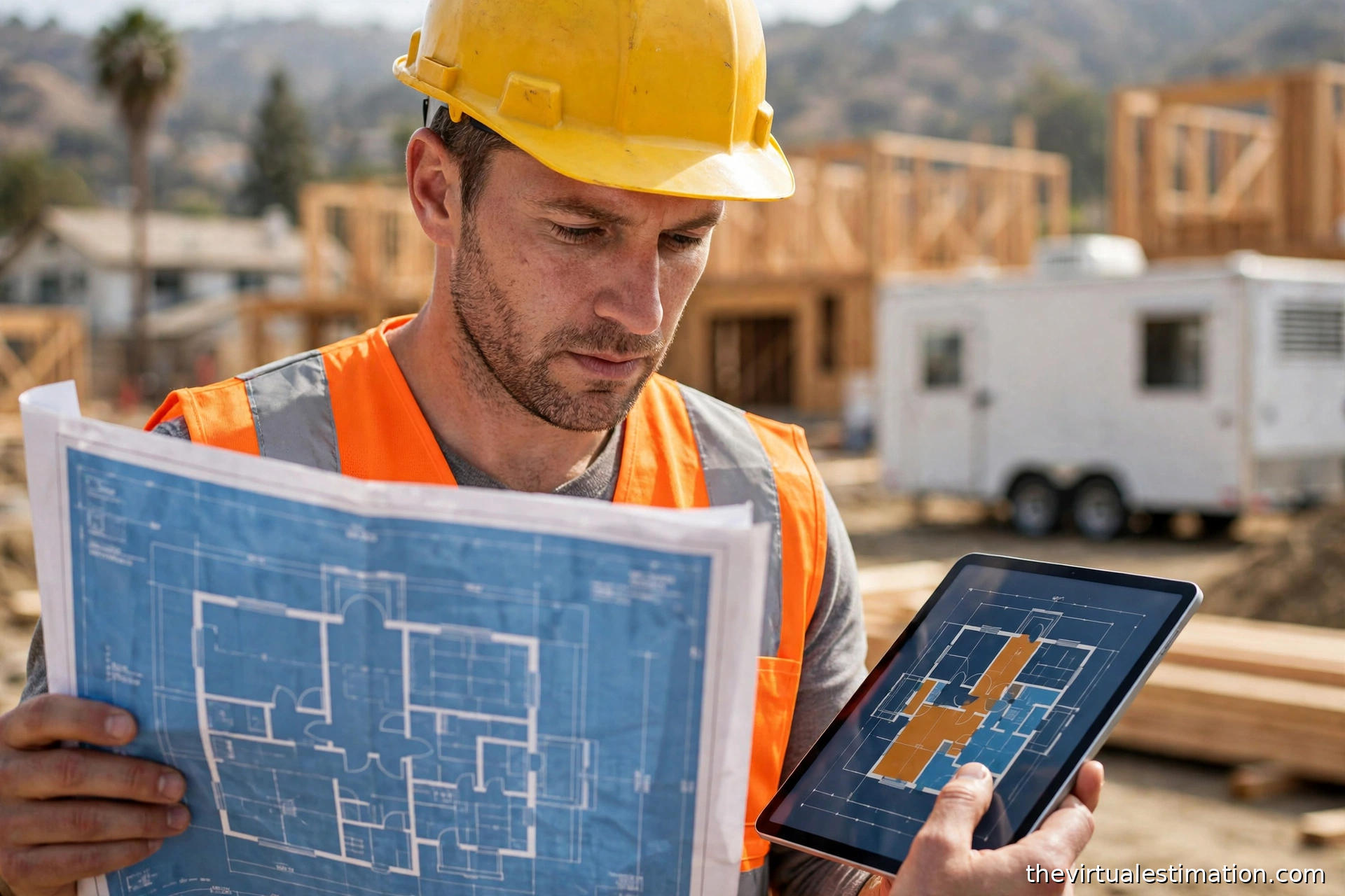 Construction estimator reviewing blueprint drawings and a digital takeoff on a tablet at a Los Angeles residential job site