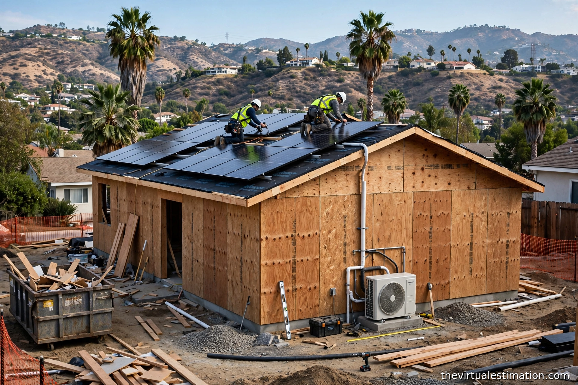 Workers installing rooftop solar panels and a heat pump unit on a new home under construction in Los Angeles to meet Title 24 2026 energy code requirements