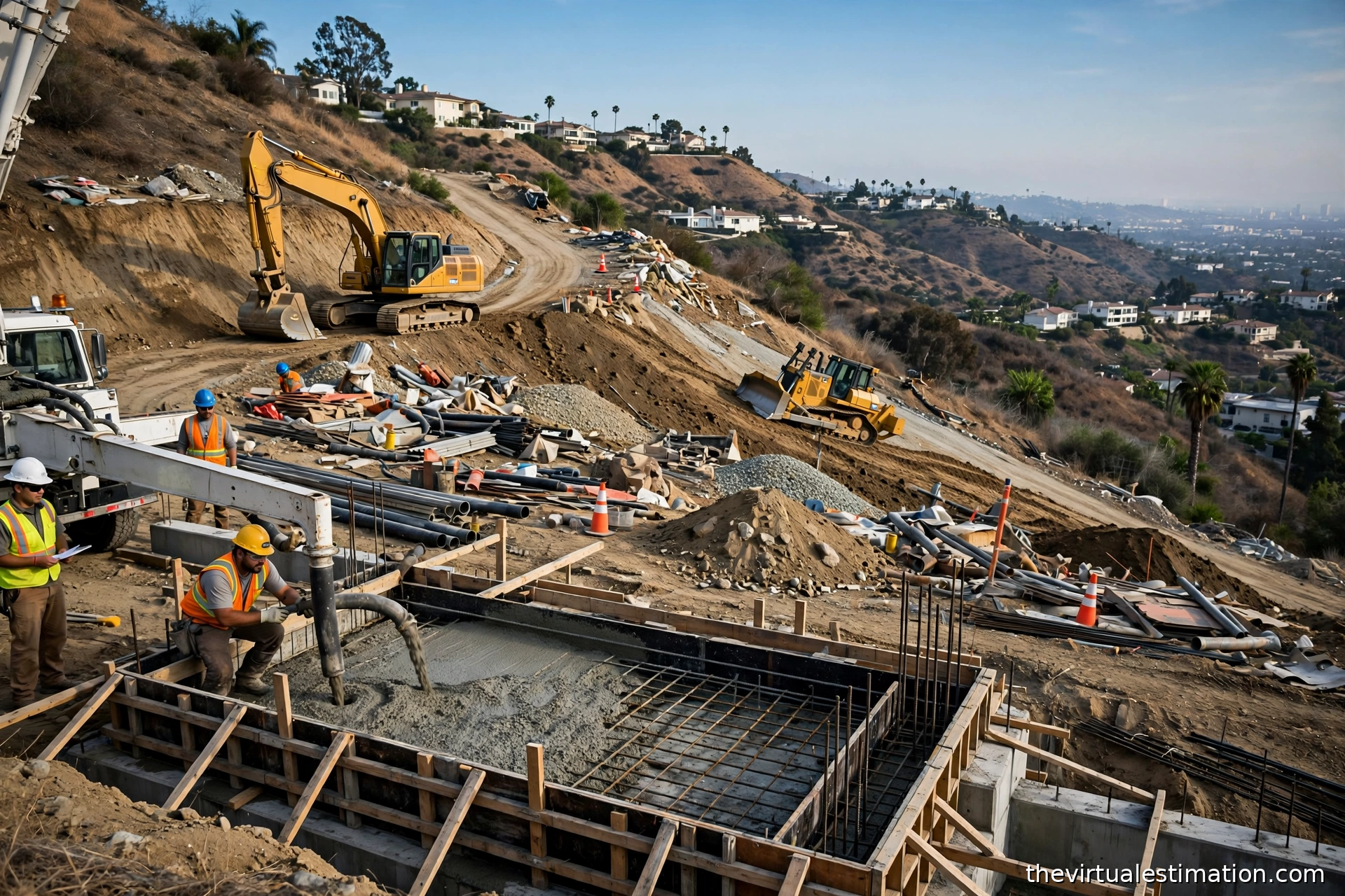 Excavators and concrete foundation pour on a hillside construction site in Los Angeles with grading equipment