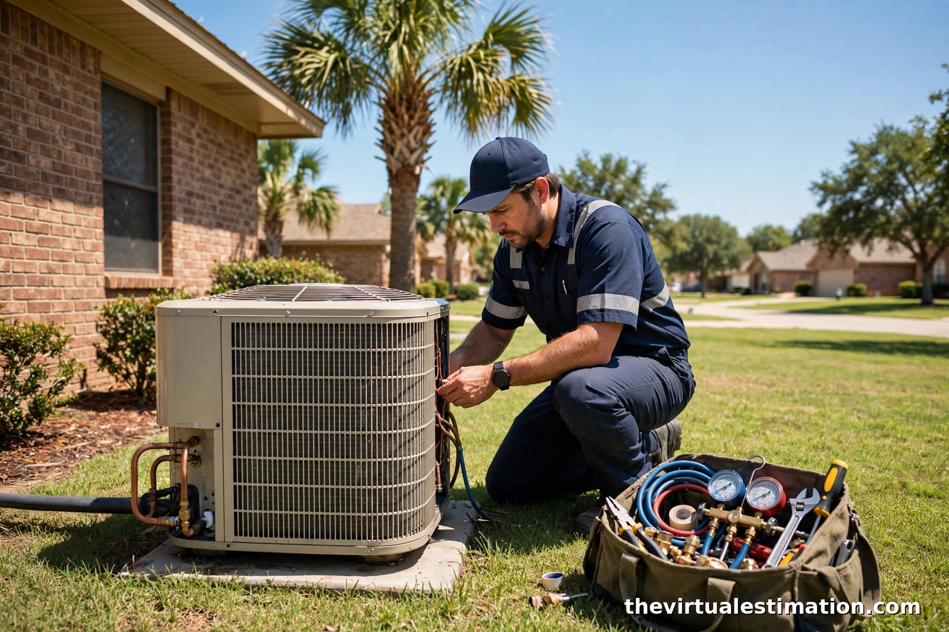 HVAC technician servicing a residential condenser unit at a Houston, Texas home