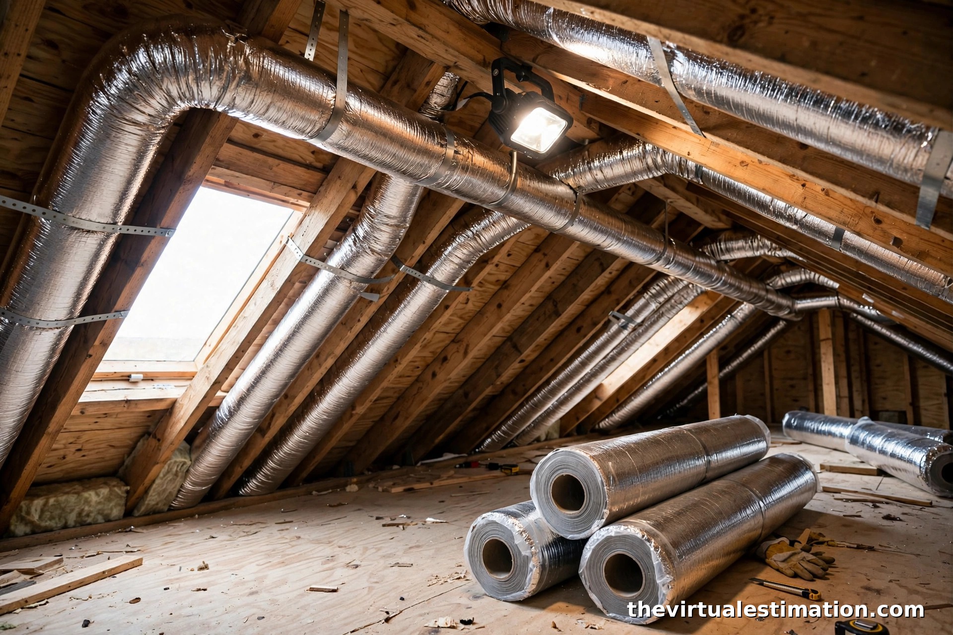 New R-8 insulated ductwork being installed in a Houston home attic