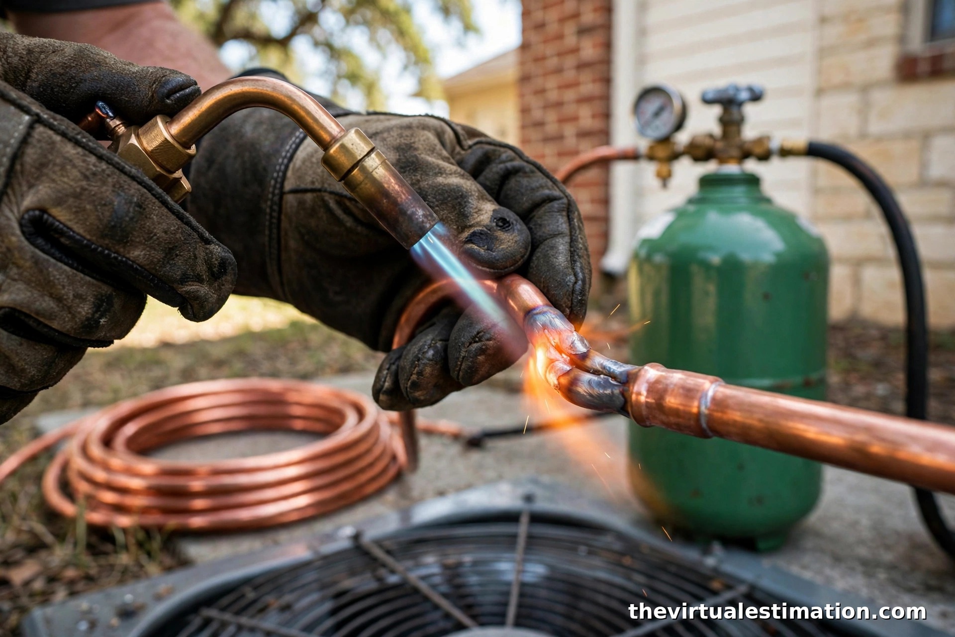 HVAC installer brazing copper refrigerant line sets at a Texas home