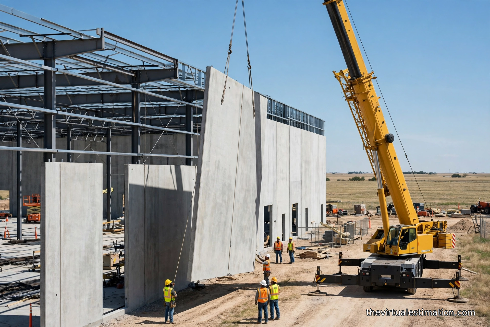 Tilt-up concrete warehouse panels being lifted by a crane on a Dallas construction site