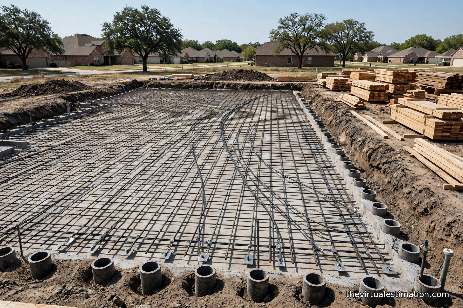 Post-tensioned slab and drilled pier foundation construction on expansive clay soil in Texas