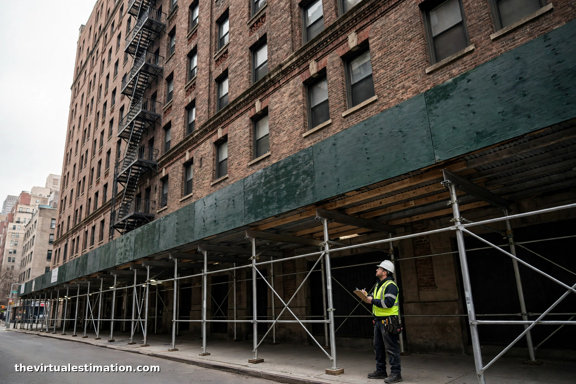 Sidewalk shed and pipe scaffolding against an older Manhattan brick facade during a facade safety inspection