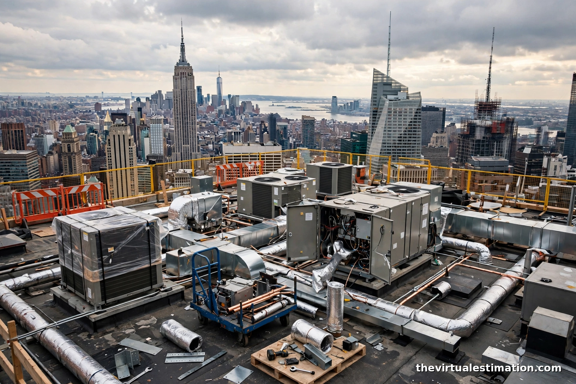 HVAC mechanical equipment installation on a New York City commercial rooftop for a Local Law 97 energy retrofit