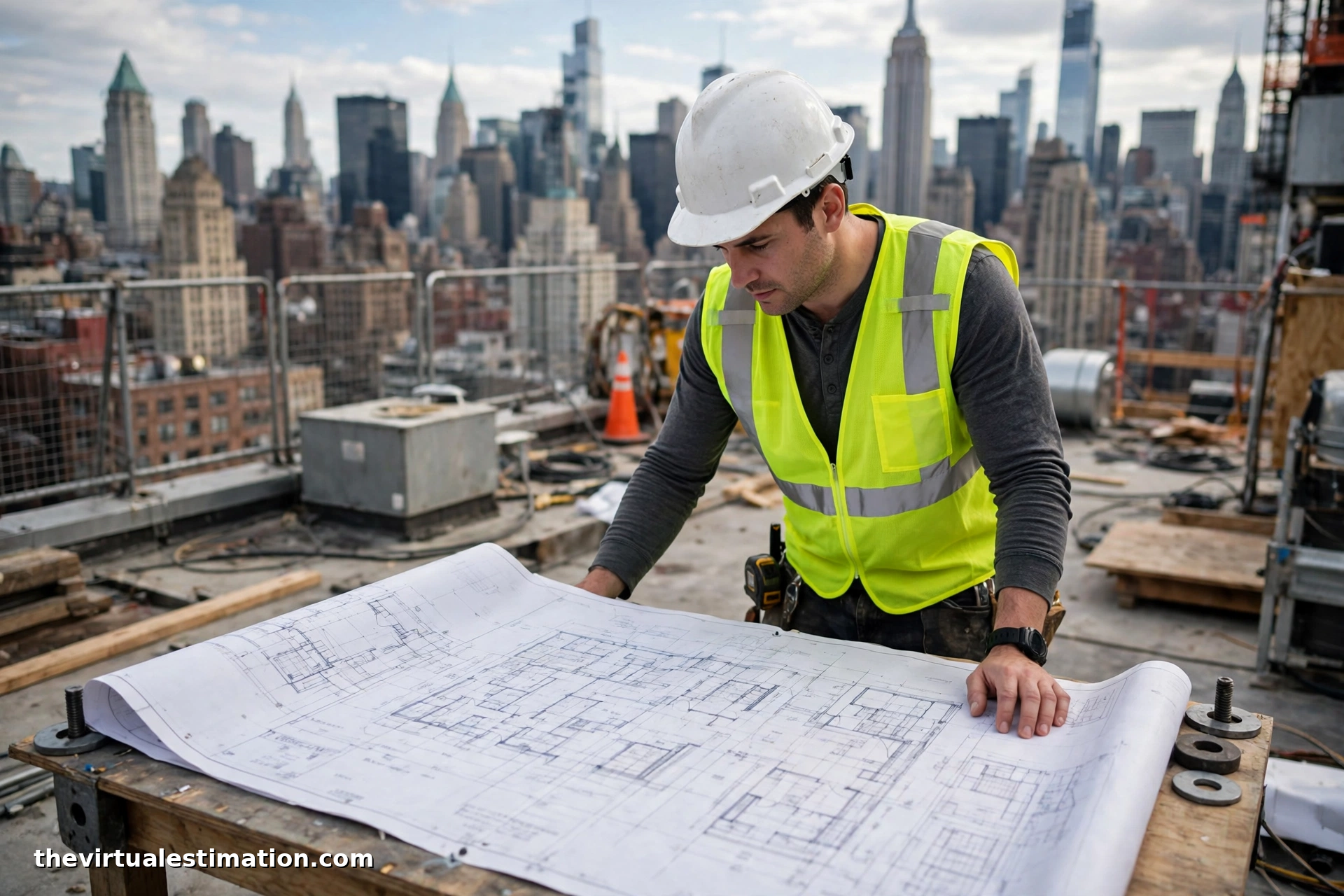 Construction estimator reviewing large blueprints on a New York City rooftop site with Manhattan towers in the background
