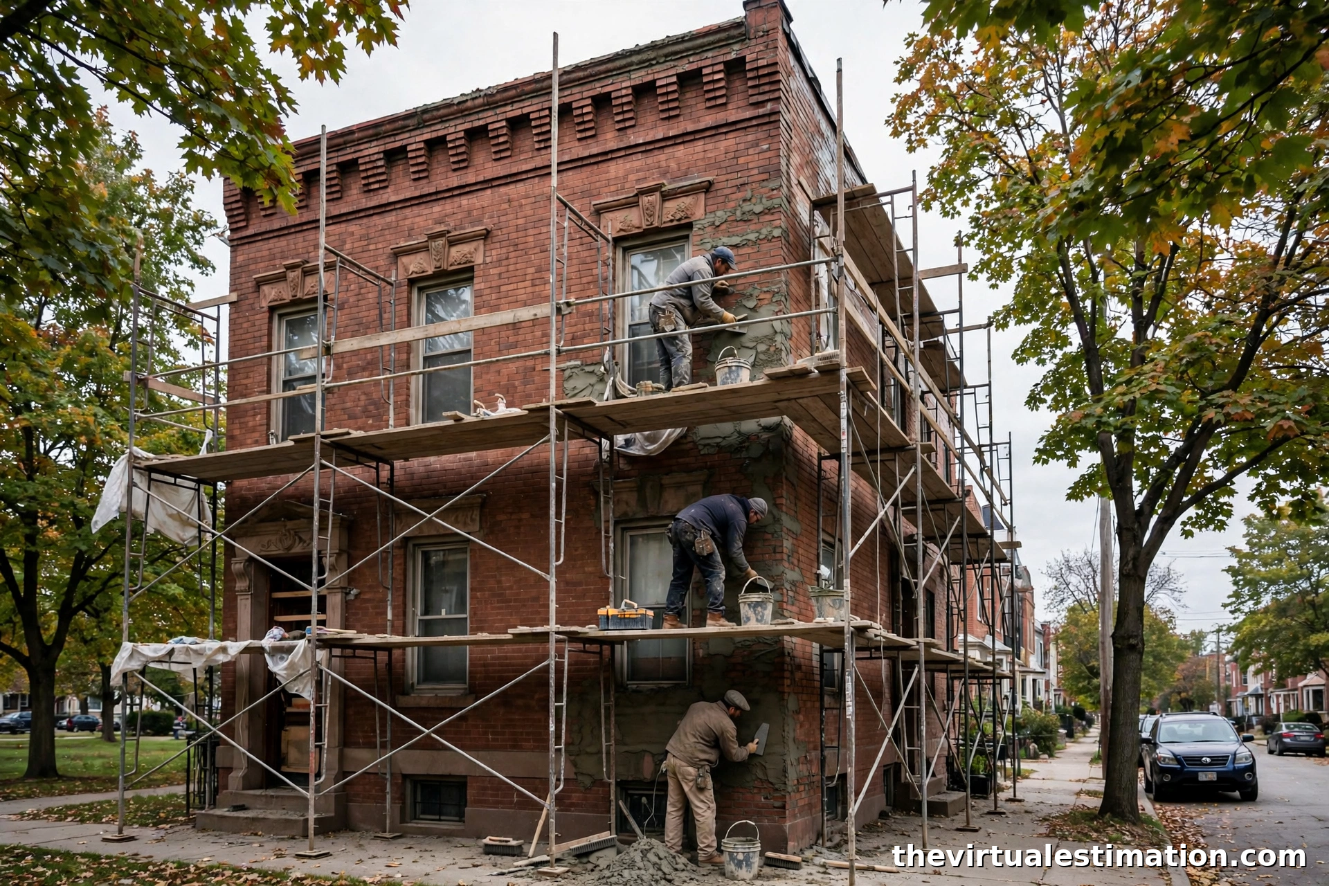Masons restoring the brick facade of a Chicago two-flat