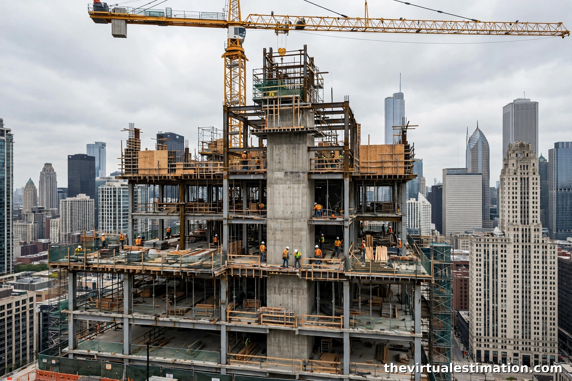 High-rise construction with a tower crane in downtown Chicago
