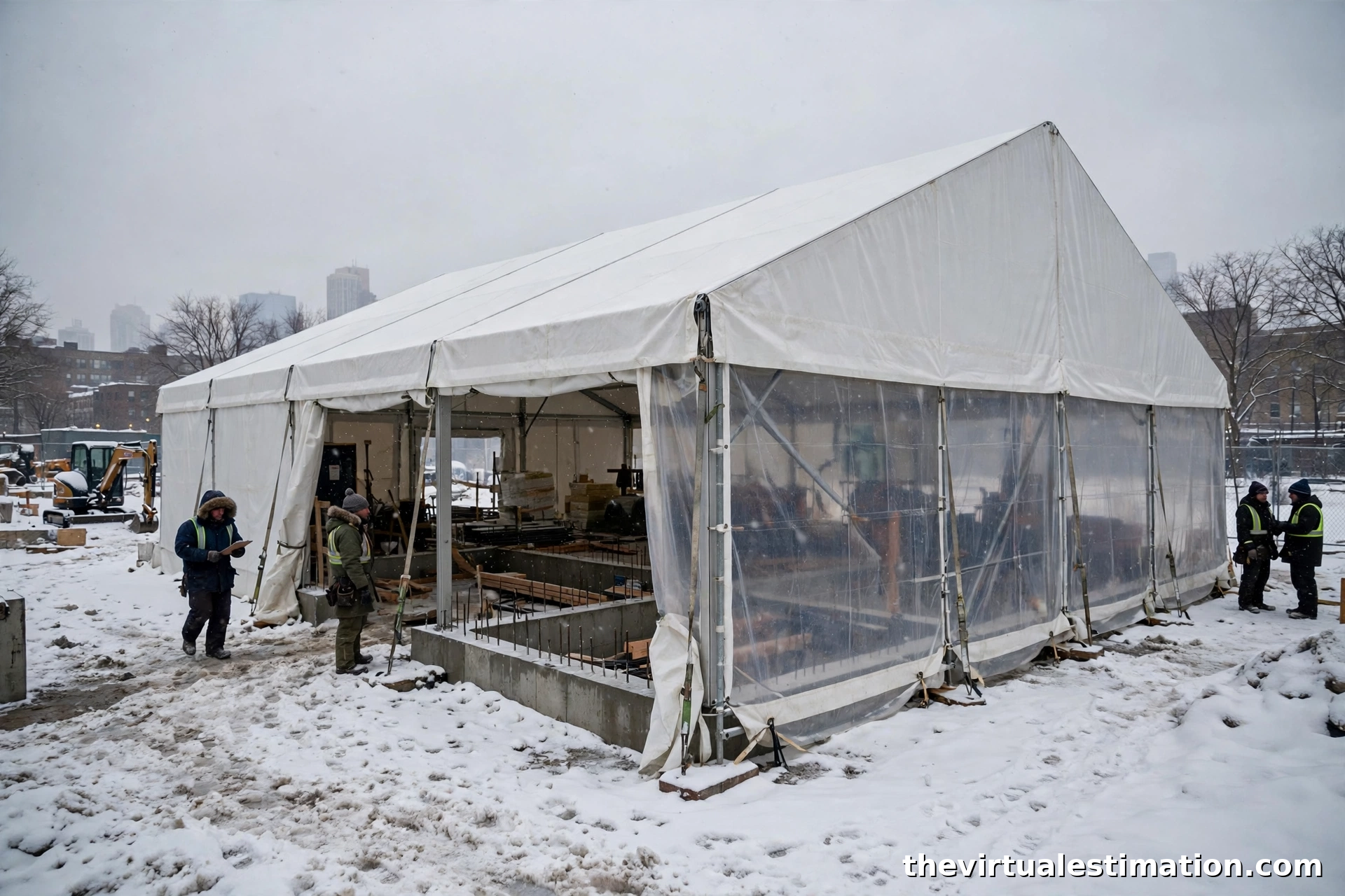 Chicago construction site in winter with a heated temporary enclosure over foundation work