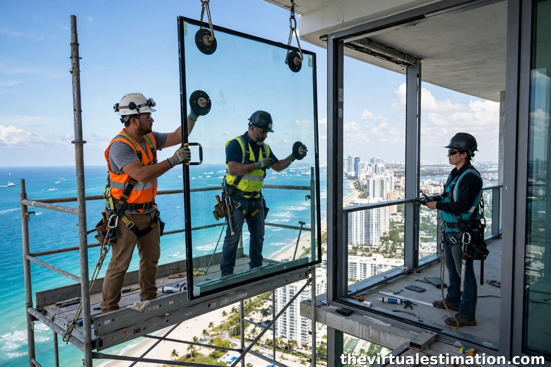 Workers installing impact resistant windows on a high rise condo balcony in Miami