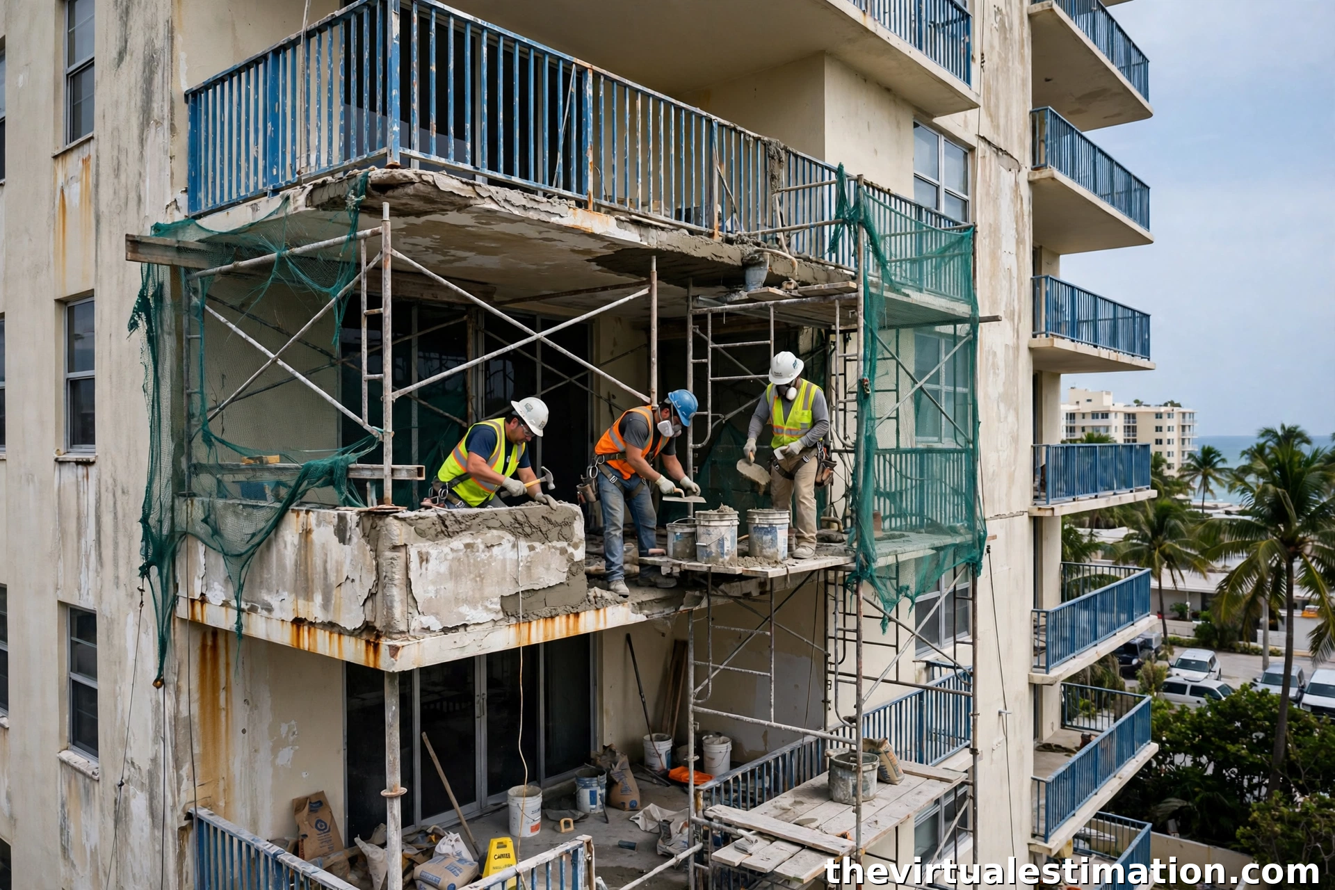 Concrete restoration work on an older coastal condo building in Miami